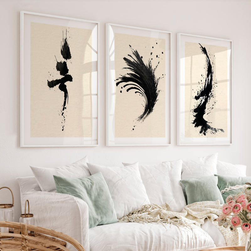 Expressive Ink Brush Wall Art for japandi style interior - White Framed Poster with White Border - Artworksets