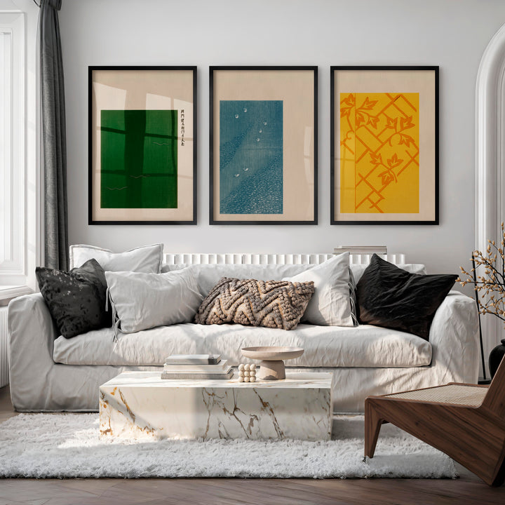 Vine Lattice japandi style interior Triptych - Black Framed Poster No Border - Artworksets