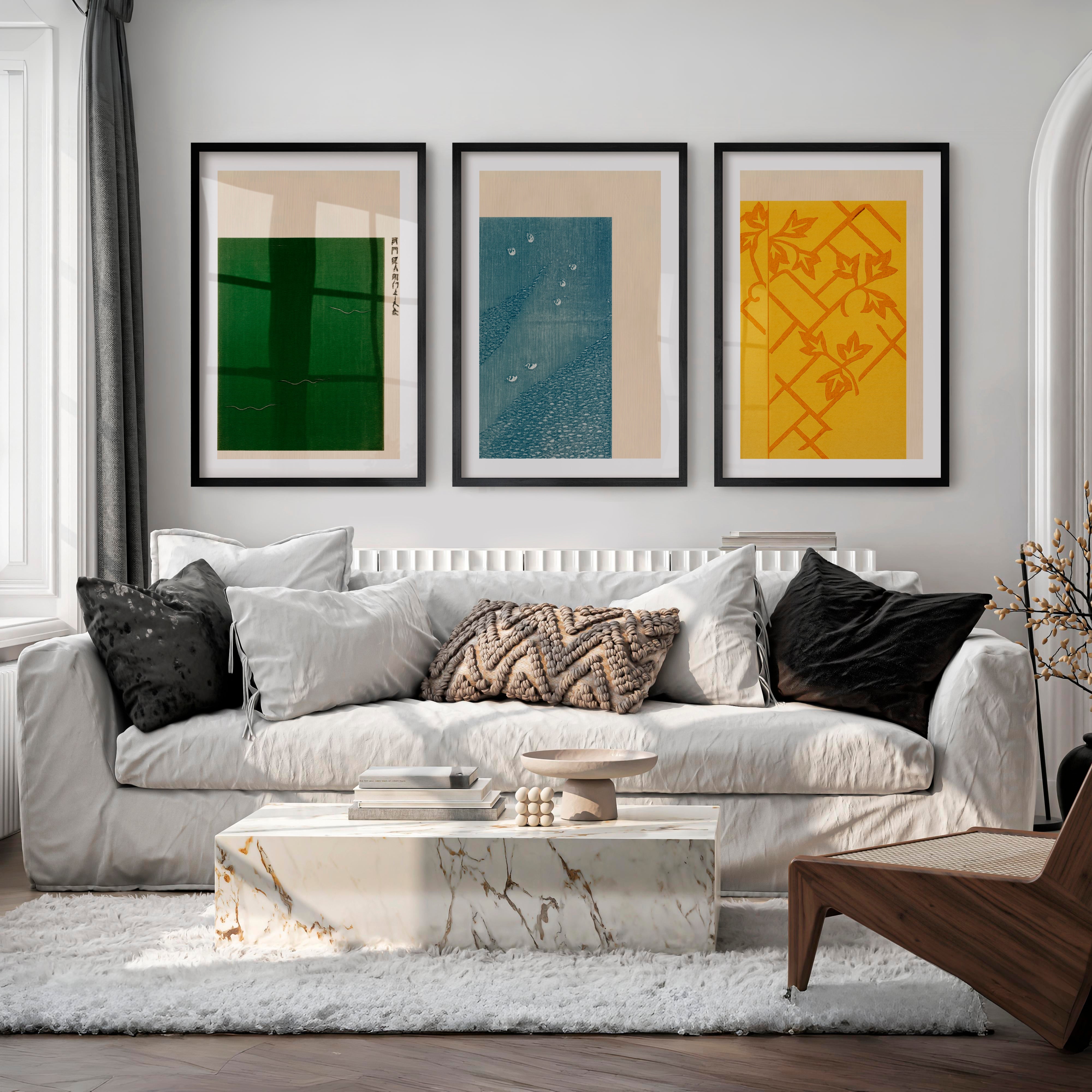Vine Lattice japandi style interior Triptych - Black Framed Poster with White Border - Artworksets