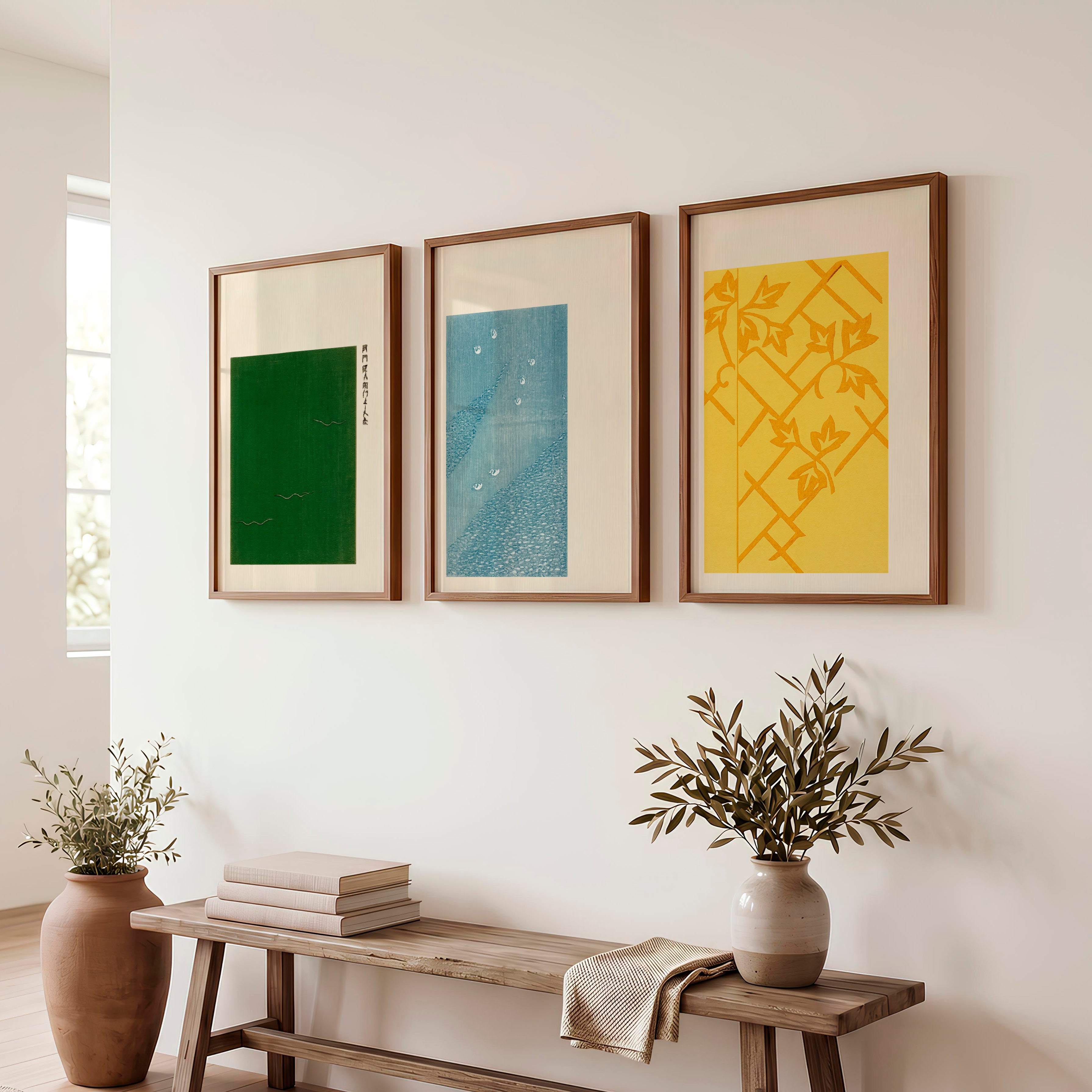Vine Lattice japandi style interior Triptych - Dark Brown Framed Poster No Border - Artworksets