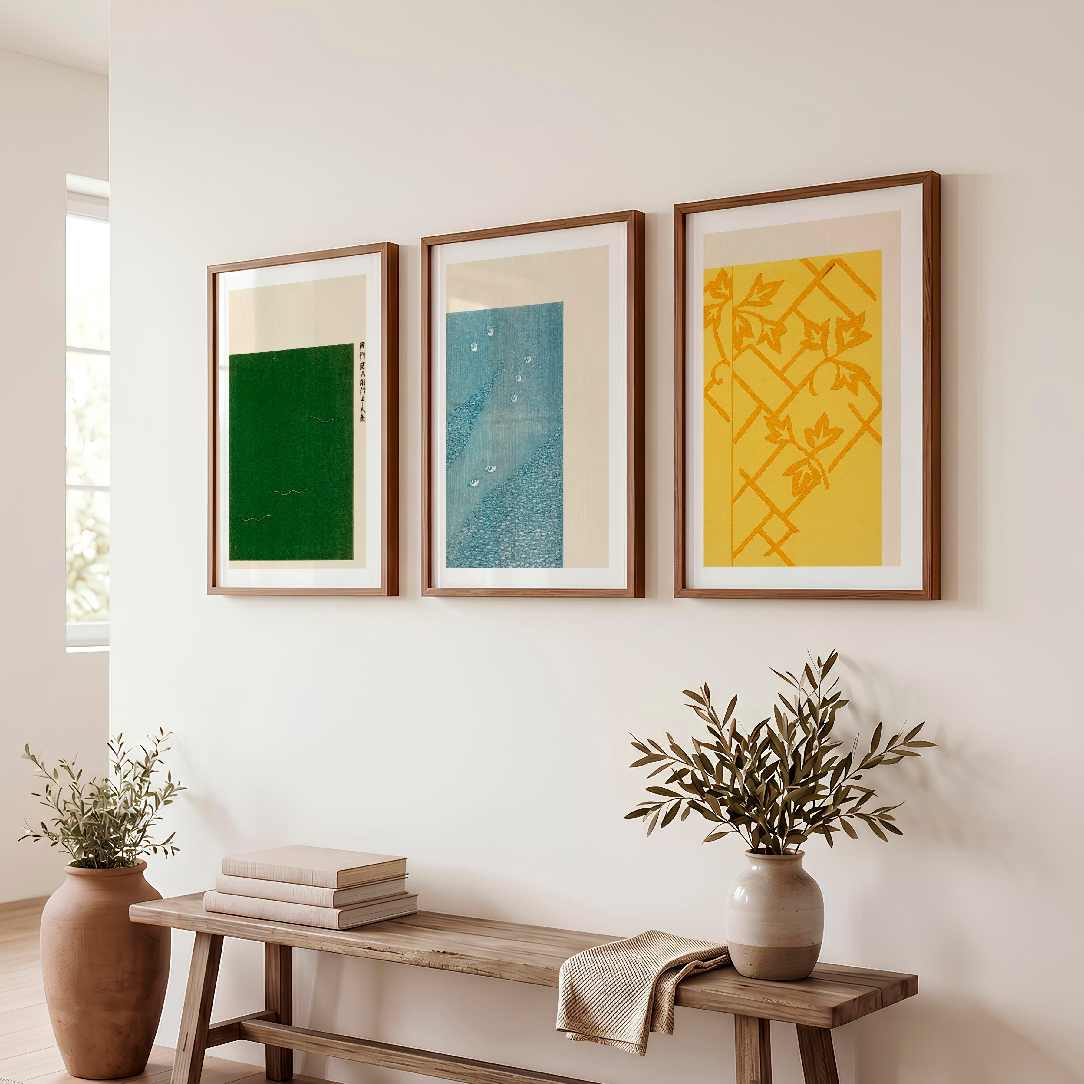 Vine Lattice japandi style interior Triptych - Dark Brown Framed Poster with White Border - Artworksets