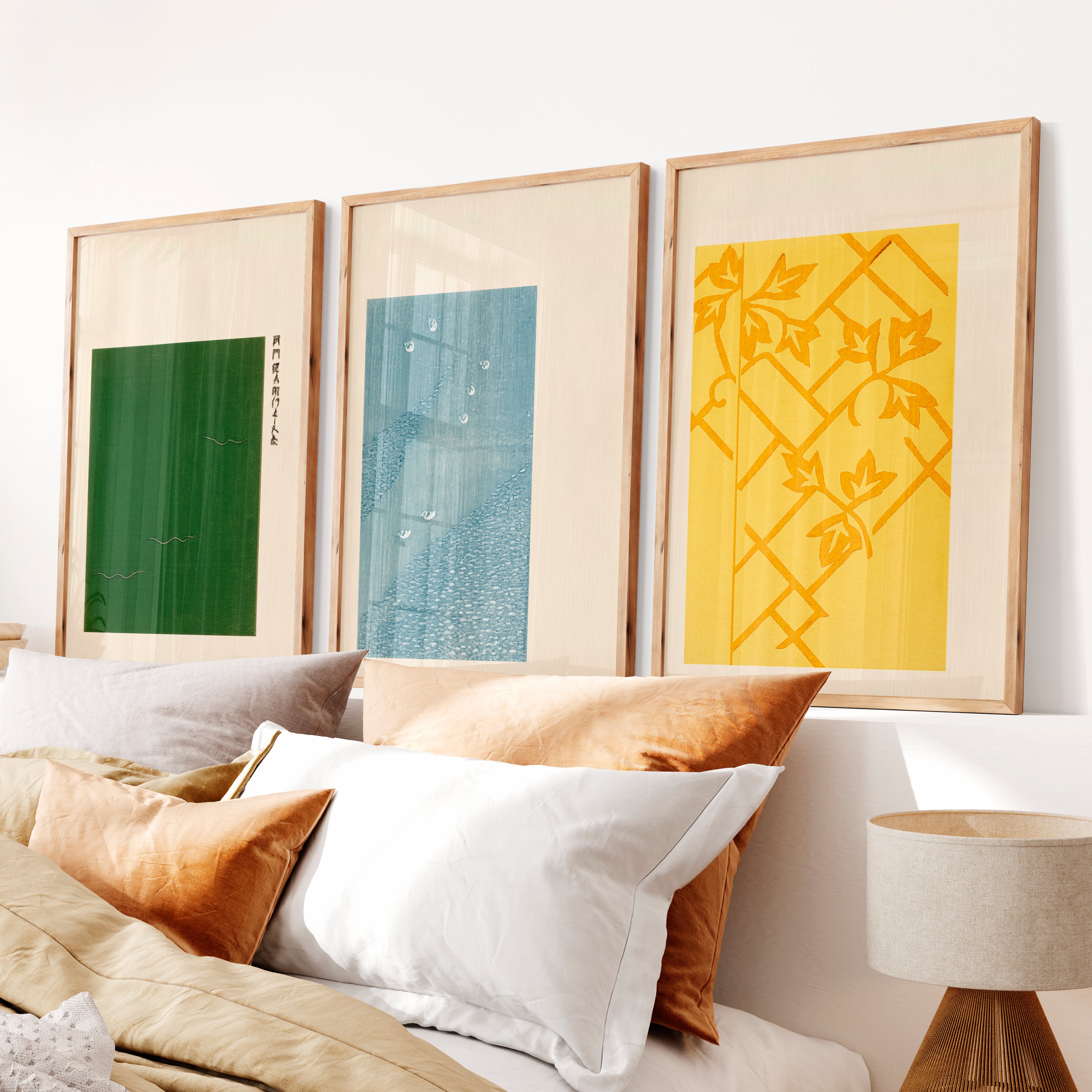 Vine Lattice japandi style interior Triptych - Natural Wood Framed Poster No Border - Artworksets