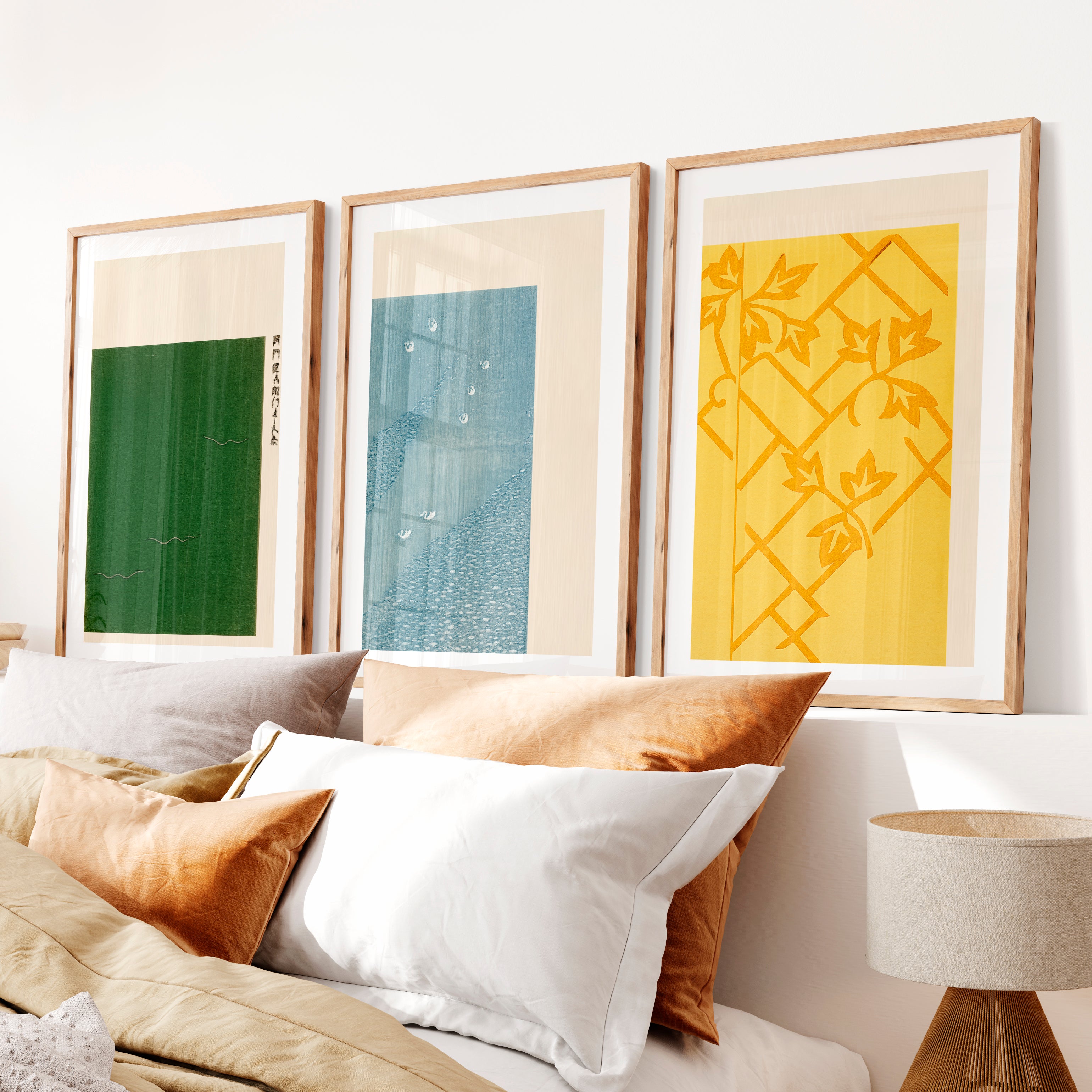 Vine Lattice japandi style interior Triptych- Natural Wood Framed Poster with White Border - Artworksets