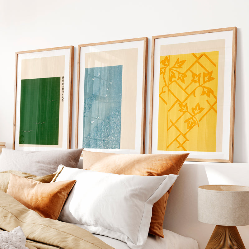 Vine Lattice japandi style interior Triptych- Natural Wood Framed Poster with White Border - Artworksets