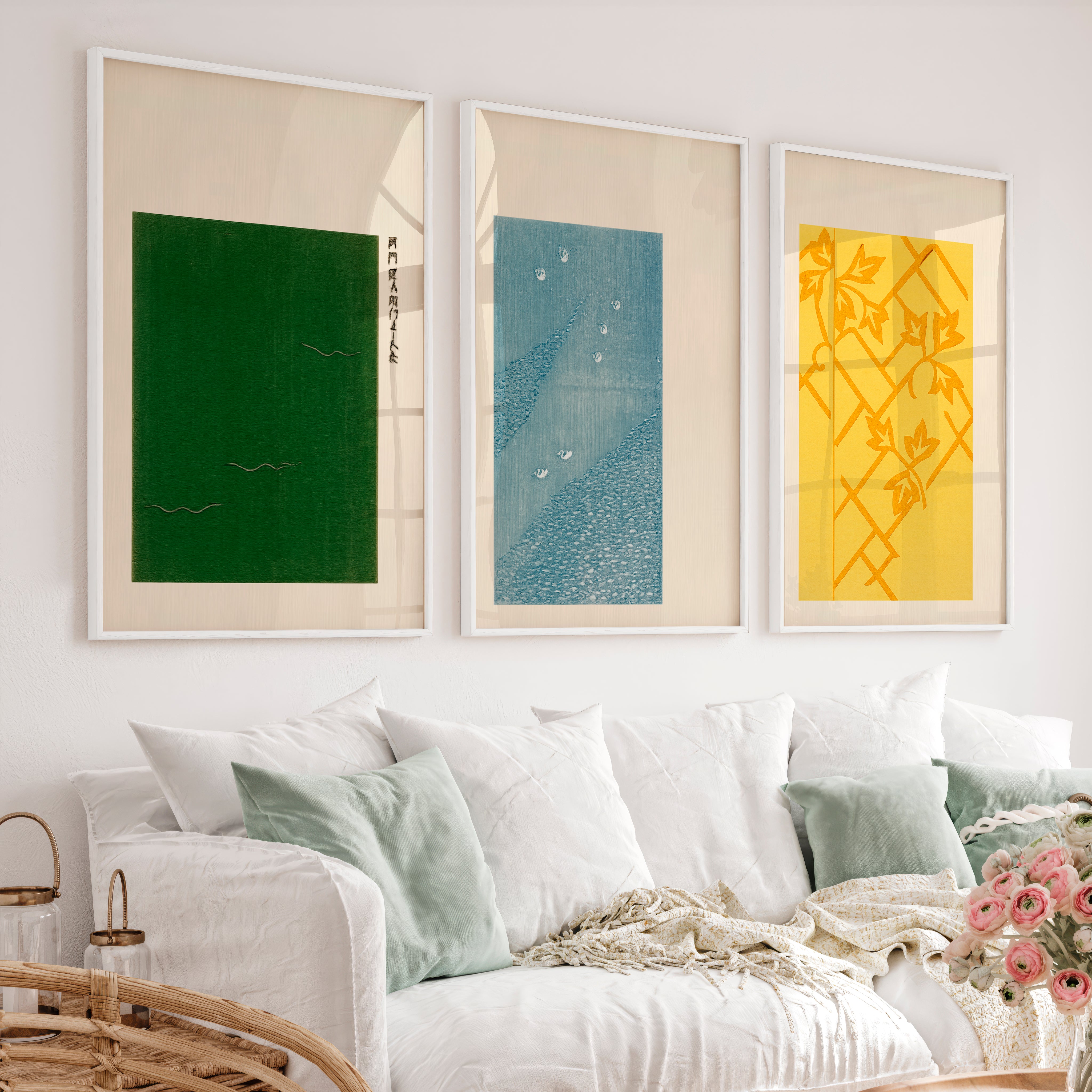 Vine Lattice japandi style interior Triptych - White Framed Poster No Border - Artworksets