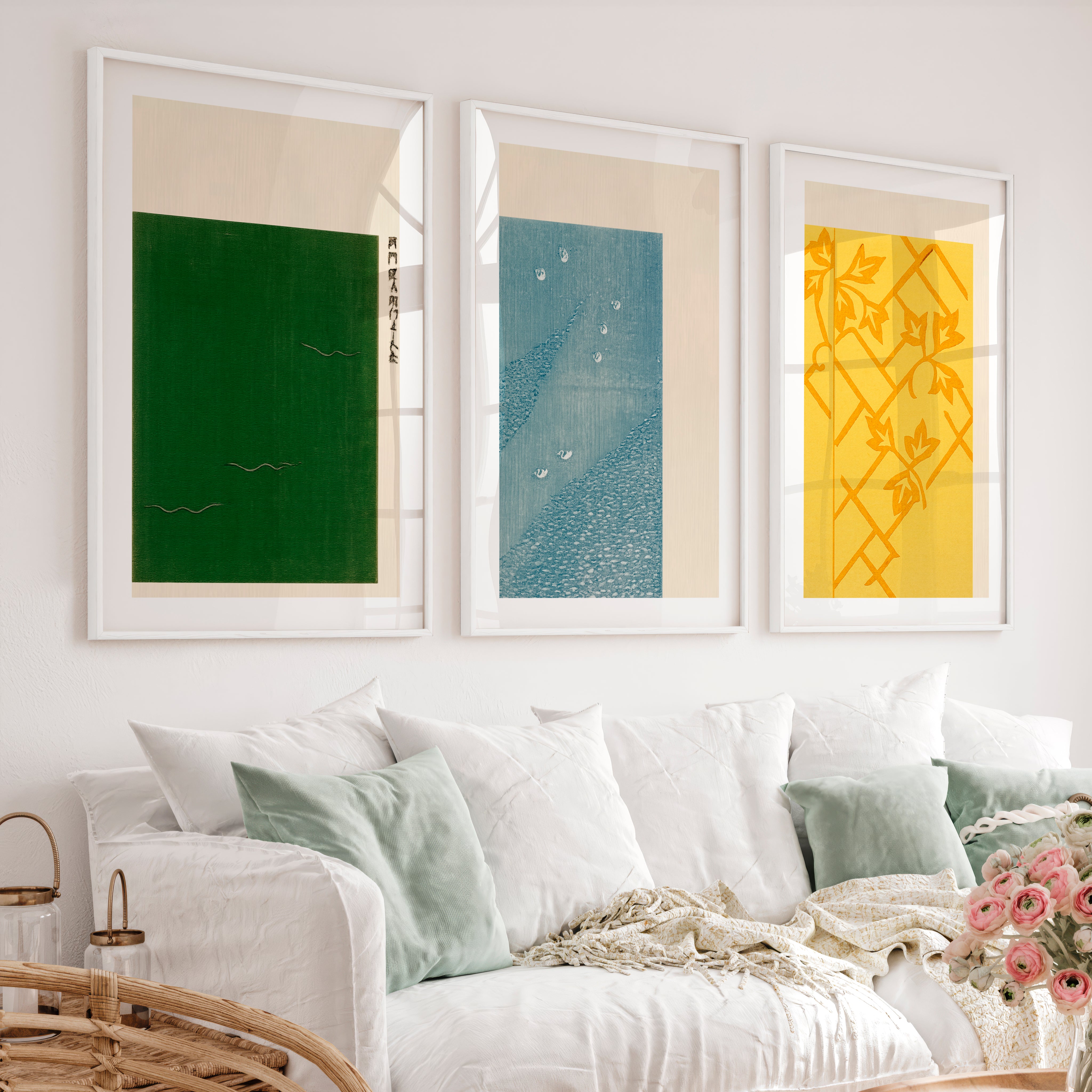 Vine Lattice japandi style interior Triptych - White Framed Poster with White Border - Artworksets