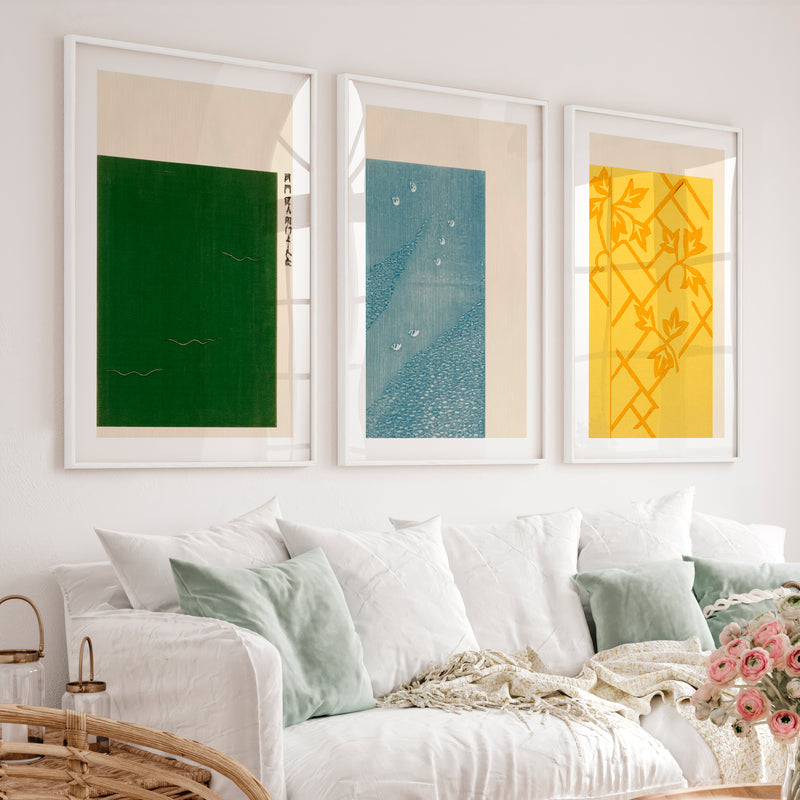 Vine Lattice japandi style interior Triptych - White Framed Poster with White Border - Artworksets