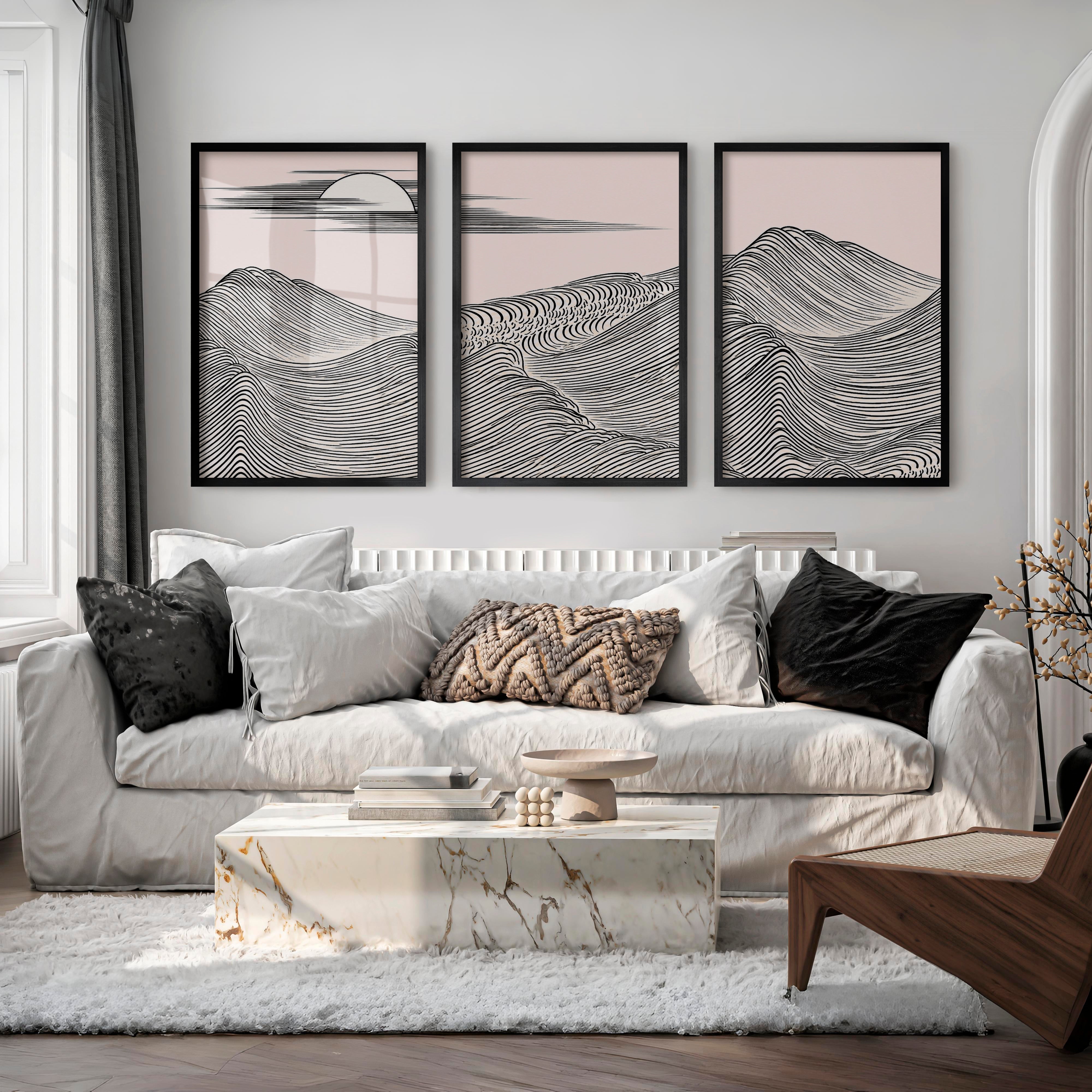 Black Line Mountains japandi style Wall Art - Black Framed Poster No Border - Artworksets