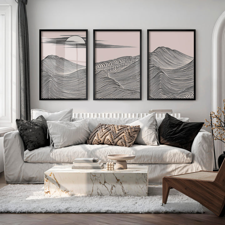 Black Line Mountains japandi style Wall Art - Black Framed Poster No Border - Artworksets