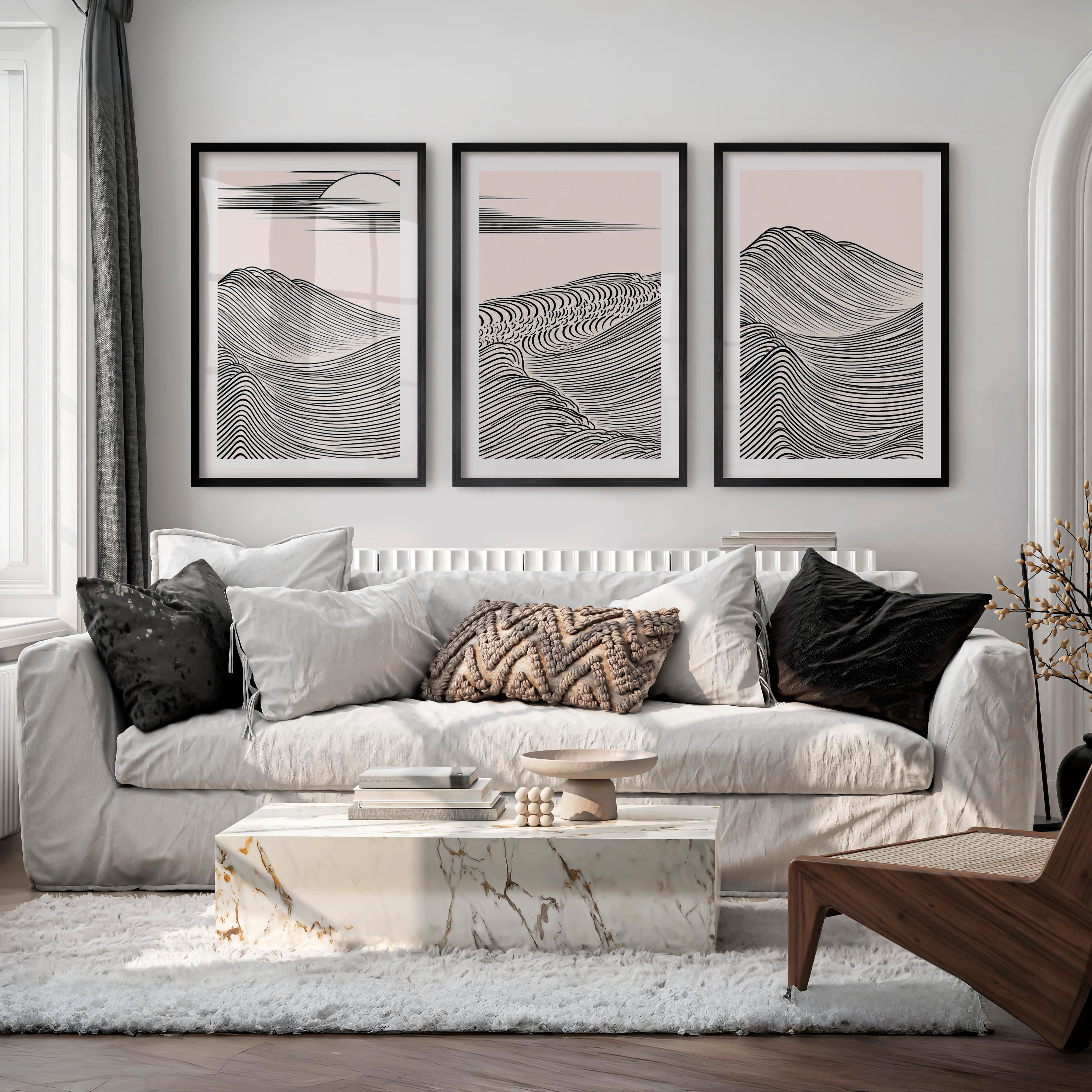 Black Line Mountains japandi style Wall Art - Black Framed Poster with White Border - Artworksets