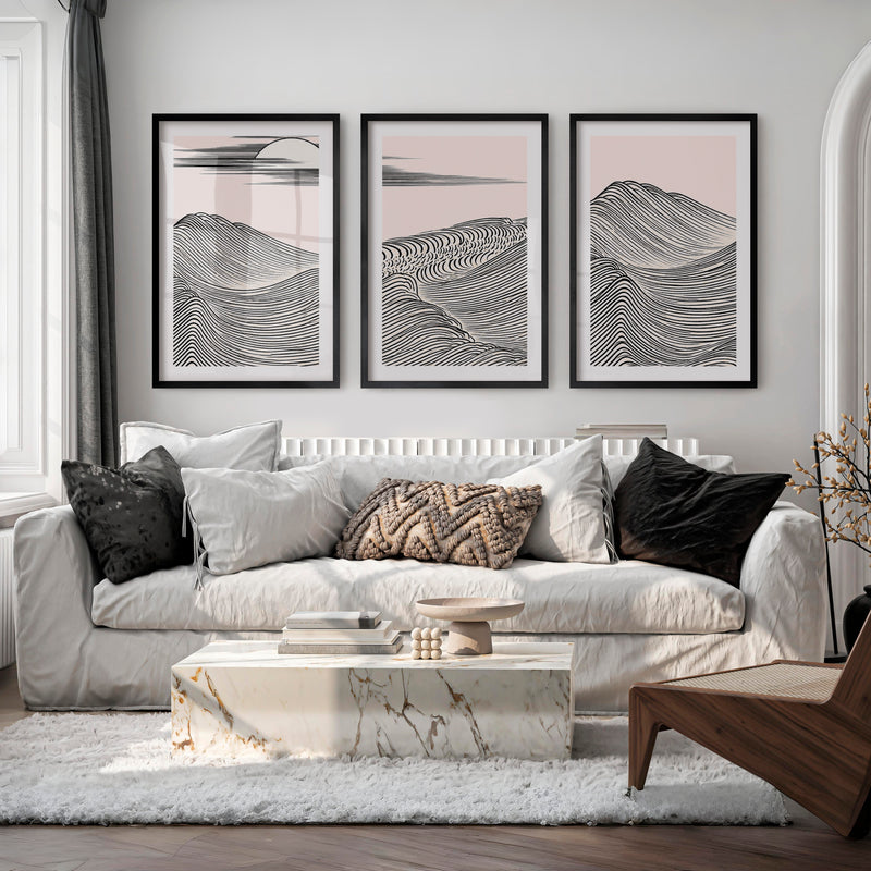 Black Line Mountains japandi style Wall Art - Black Framed Poster with White Border - Artworksets