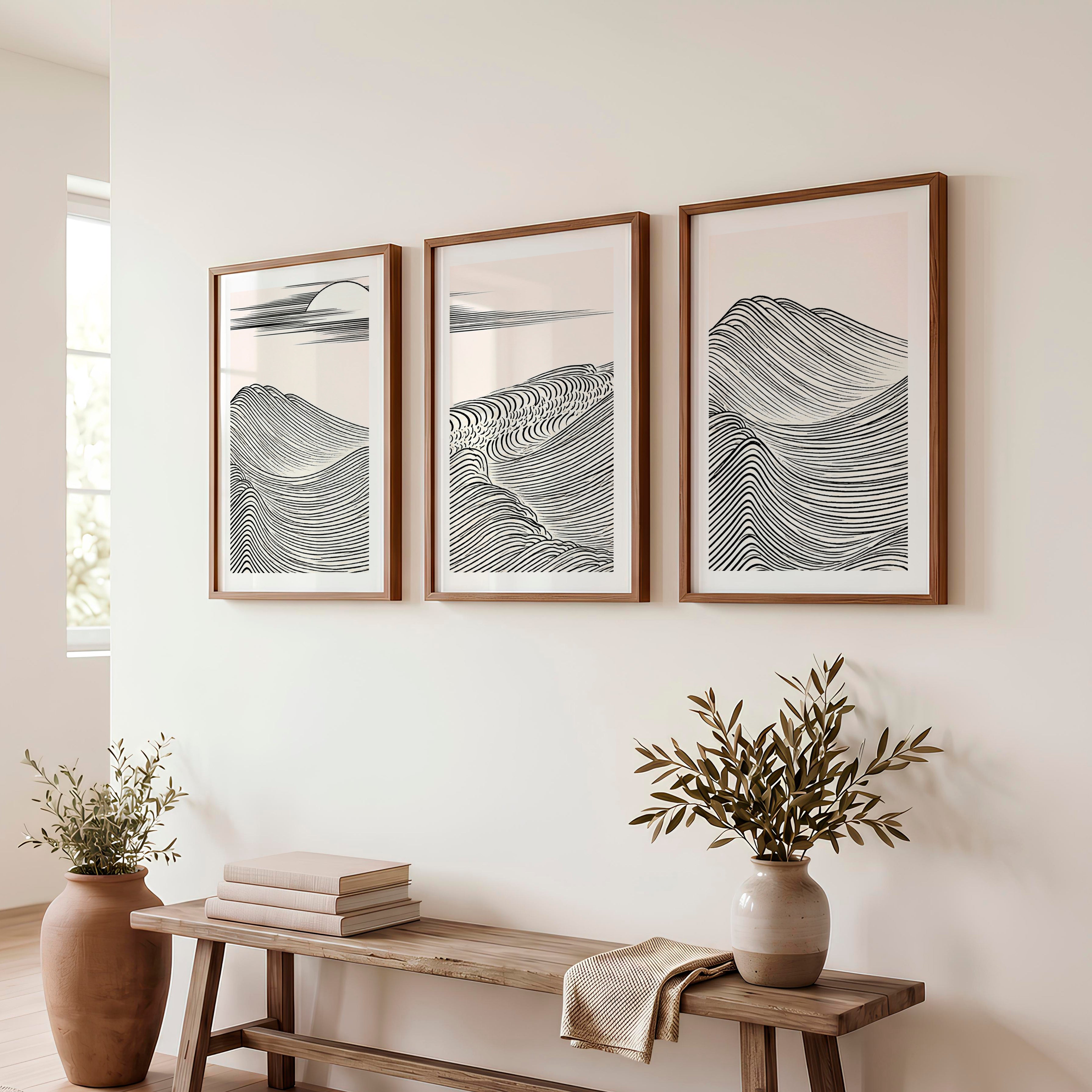 Black Line Mountains japandi style Wall Art - Dark Brown Framed Poster with White Border - Artworksets
