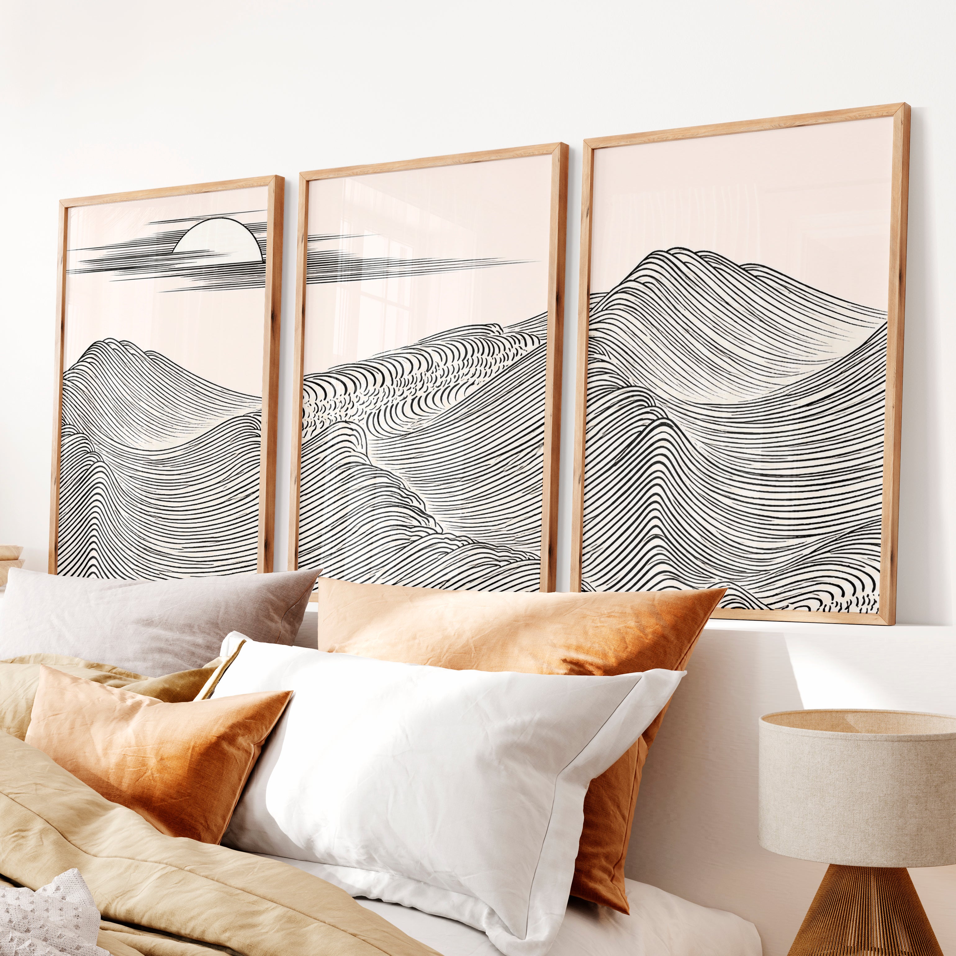 Black Line Mountains japandi style Wall Art - Natural Wood Framed Poster No Border - Artworksets