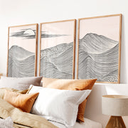 Black Line Mountains japandi style Wall Art - Natural Wood Framed Poster No Border - Artworksets