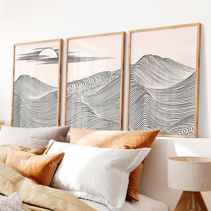Black Line Mountains japandi style Wall Art - Natural Wood Framed Poster No Border - Artworksets