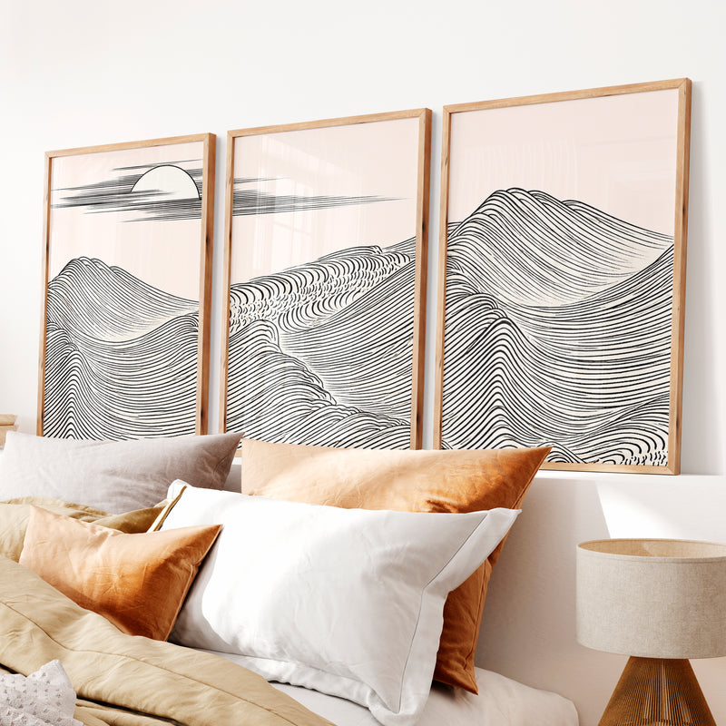 Black Line Mountains japandi style Wall Art - Natural Wood Framed Poster No Border - Artworksets