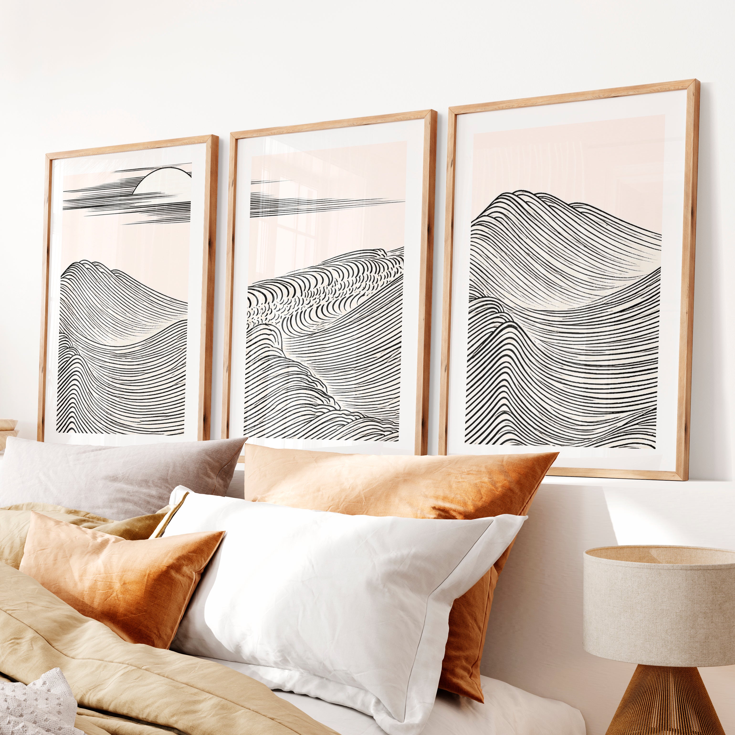 Black Line Mountains japandi style Wall Art- Natural Wood Framed Poster with White Border - Artworksets
