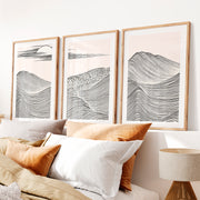 Black Line Mountains japandi style Wall Art- Natural Wood Framed Poster with White Border - Artworksets