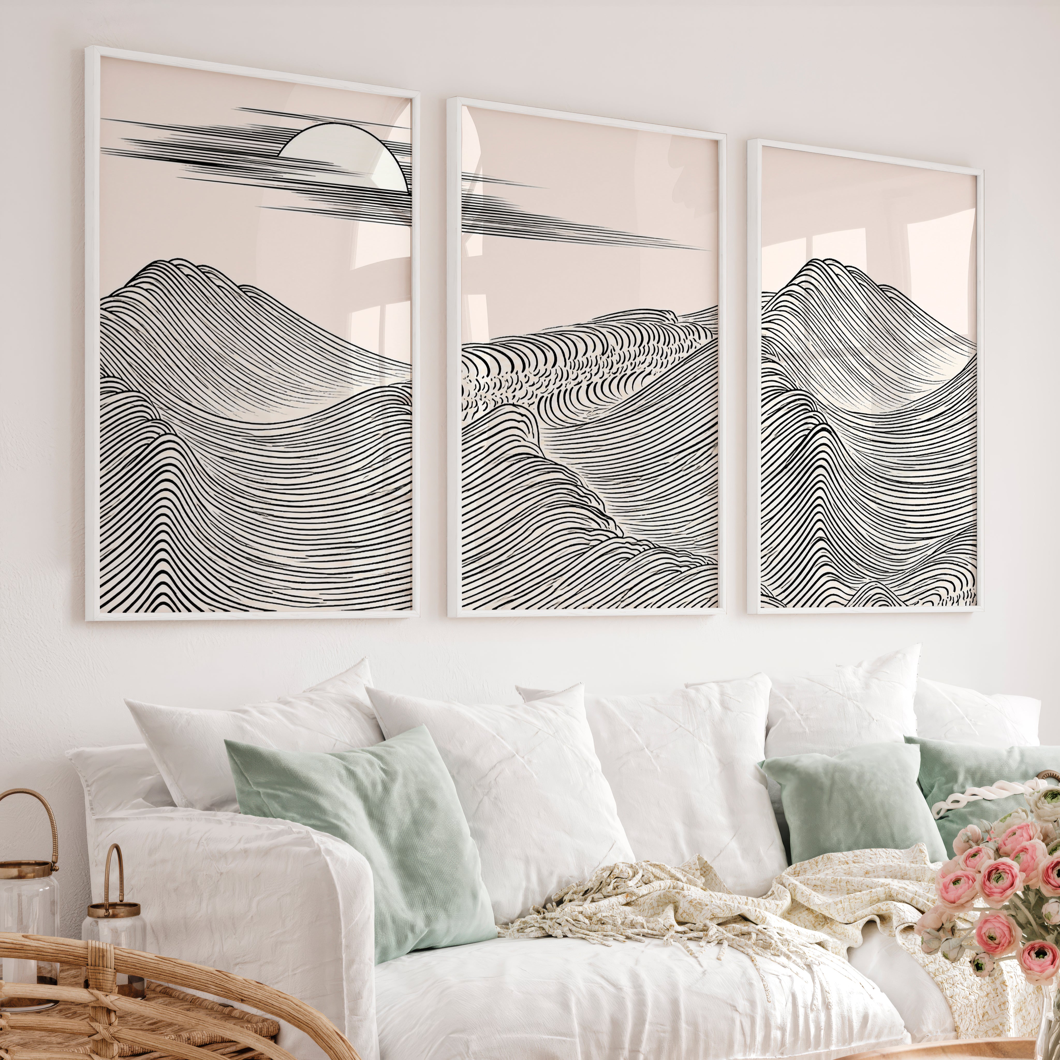 Black Line Mountains japandi style Wall Art - White Framed Poster No Border - Artworksets
