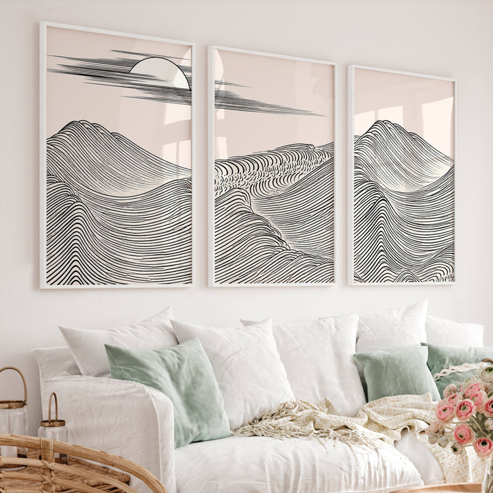 Black Line Mountains japandi style Wall Art - White Framed Poster No Border - Artworksets