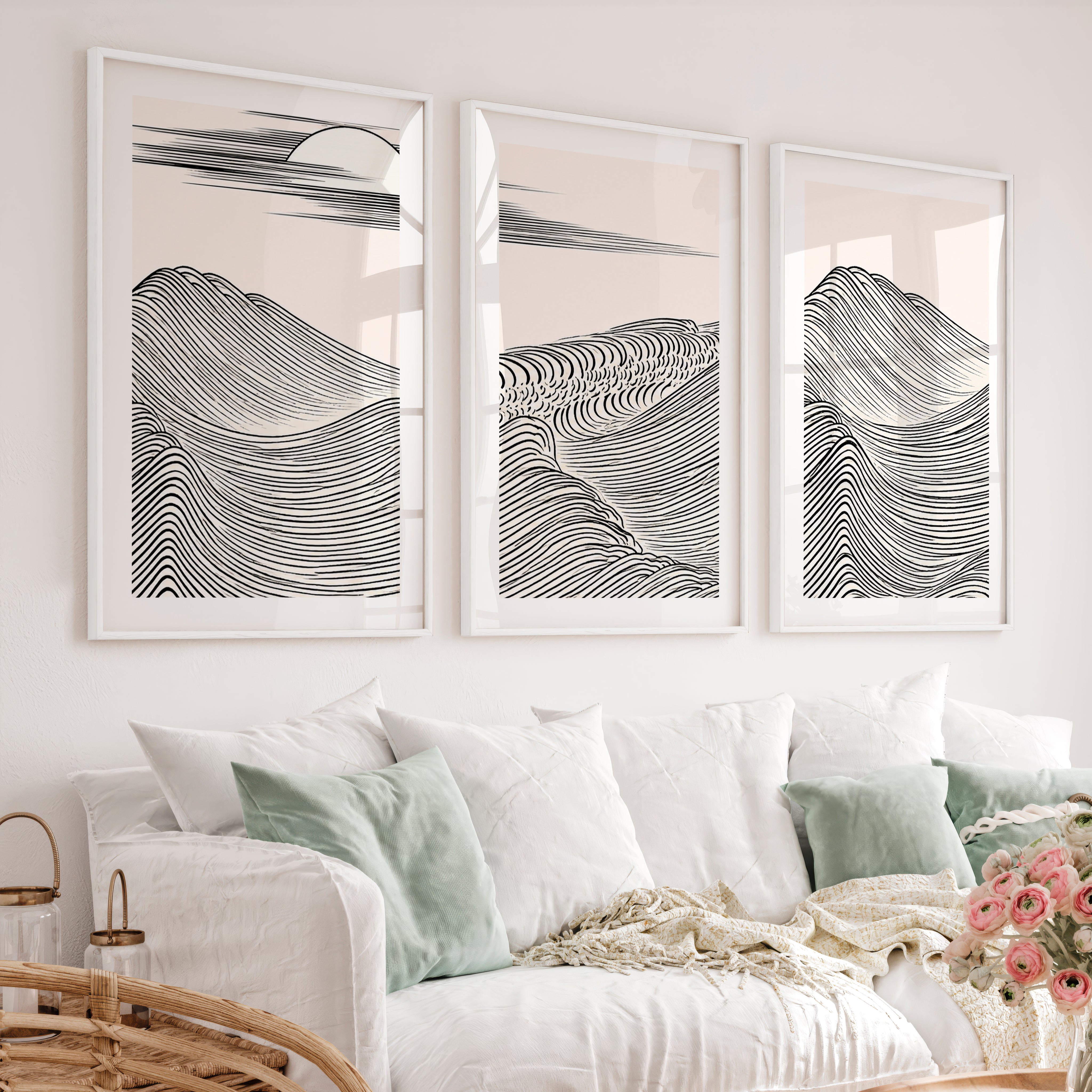 Black Line Mountains japandi style Wall Art - White Framed Poster with White Border - Artworksets