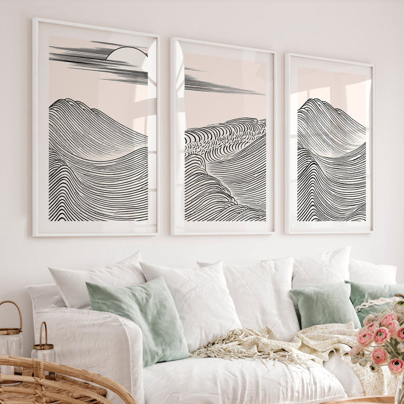 Black Line Mountains japandi style Wall Art - White Framed Poster with White Border - Artworksets