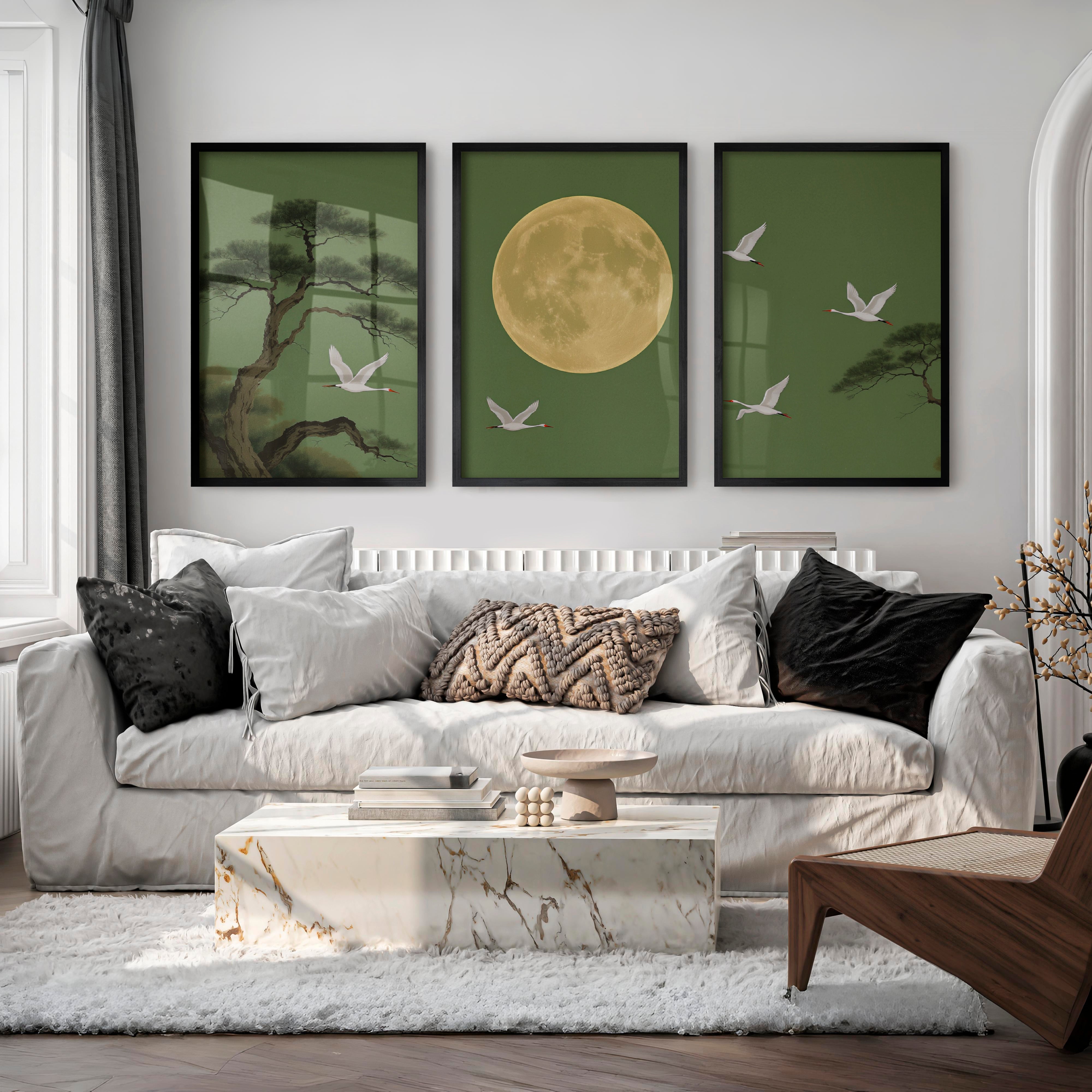 Moonlit Crane Landscape for japandi style - Black Framed Poster No Border - Artworksets