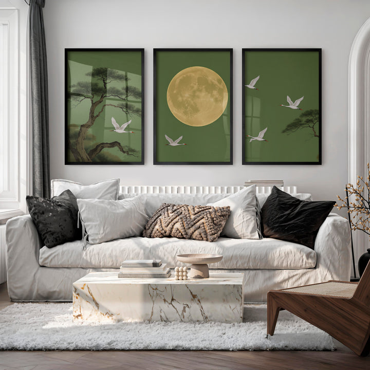 Moonlit Crane Landscape for japandi style - Black Framed Poster No Border - Artworksets