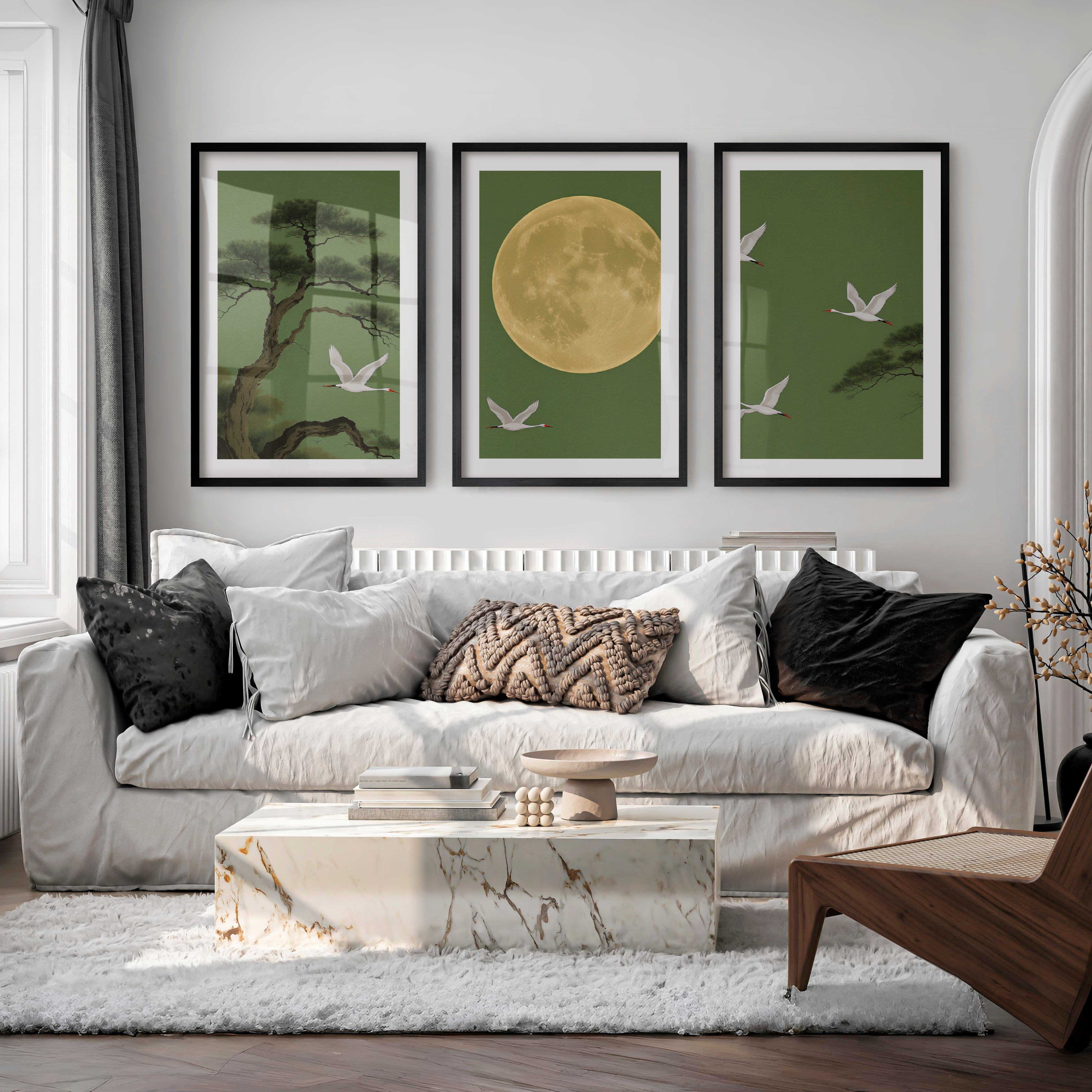 Moonlit Crane Landscape for japandi style - Black Framed Poster with White Border - Artworksets