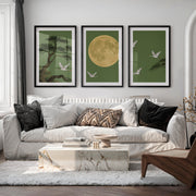 Moonlit Crane Landscape for japandi style - Black Framed Poster with White Border - Artworksets