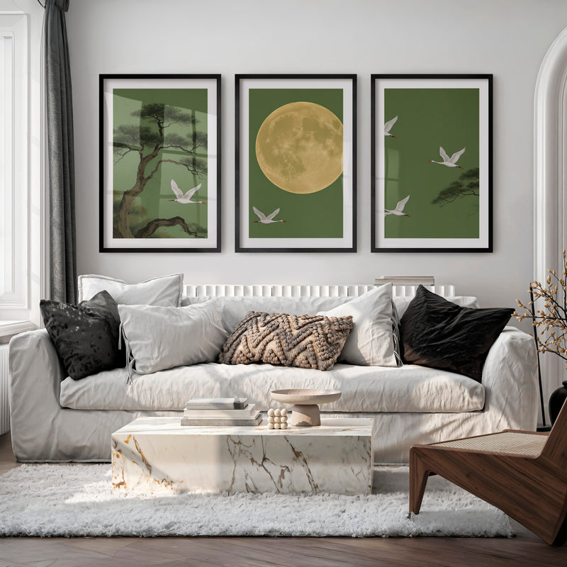 Moonlit Crane Landscape for japandi style - Black Framed Poster with White Border - Artworksets