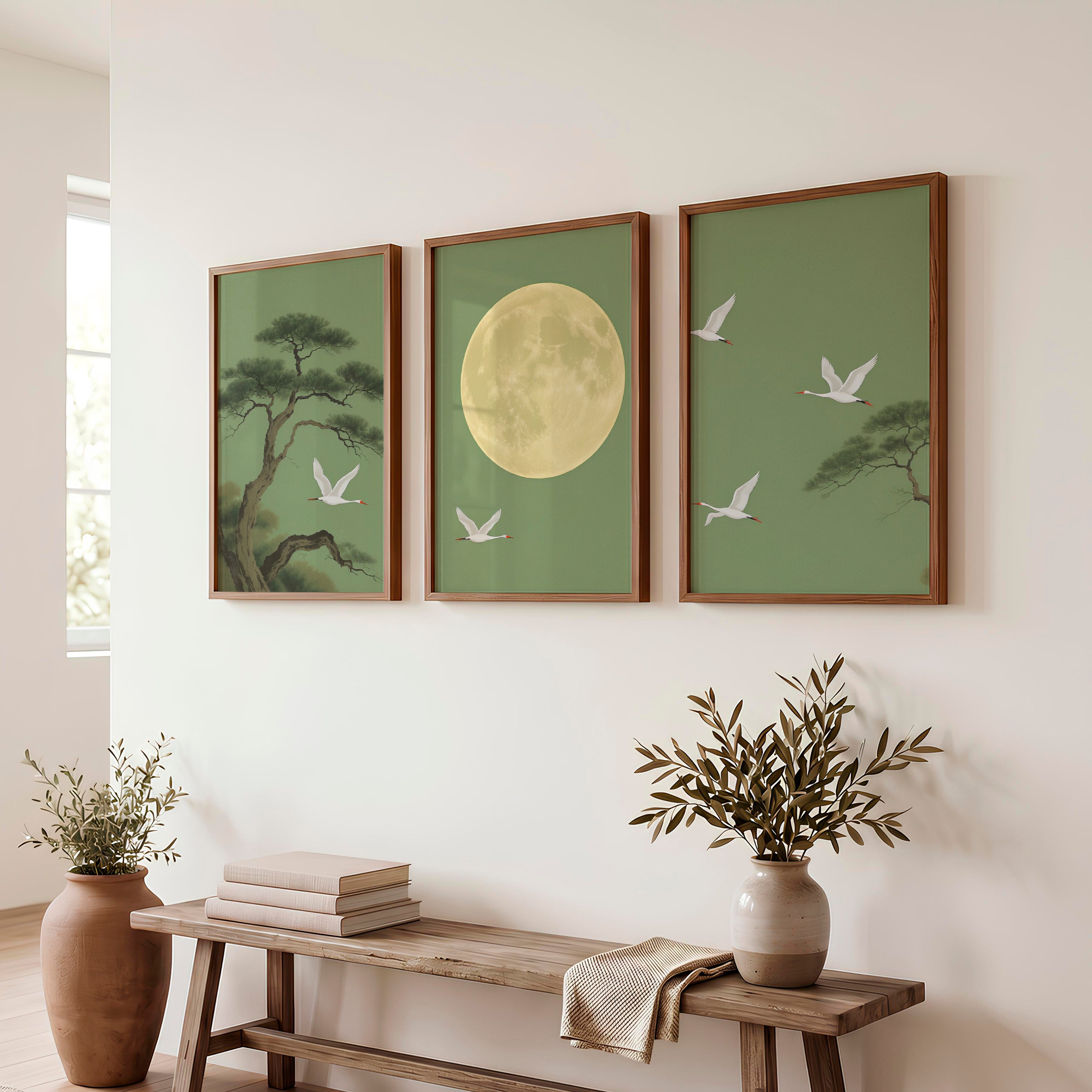 Moonlit Crane Landscape for japandi style - Dark Brown Framed Poster No Border - Artworksets