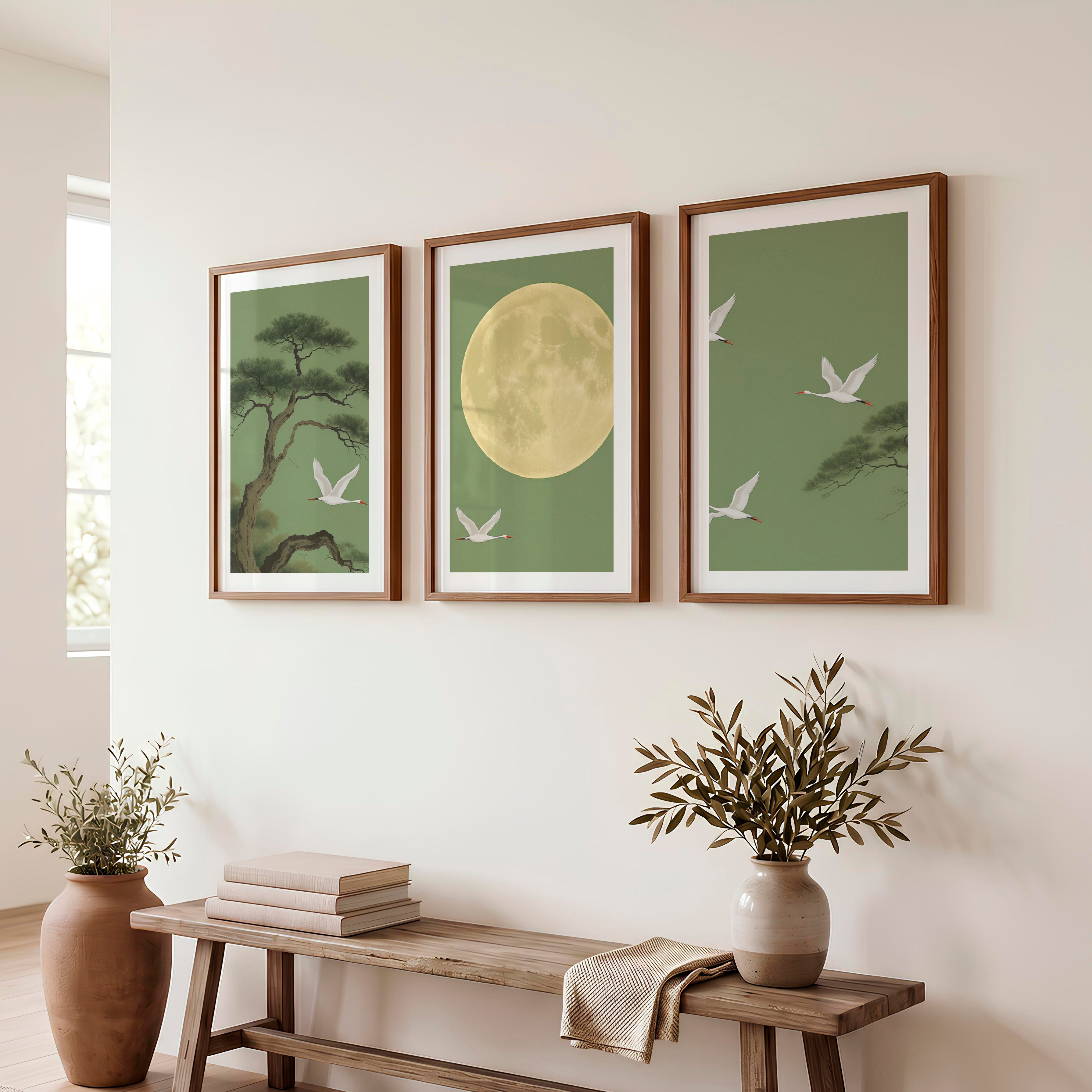 Moonlit Crane Landscape for japandi style - Dark Brown Framed Poster with White Border - Artworksets