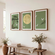 Moonlit Crane Landscape for japandi style - Dark Brown Framed Poster with White Border - Artworksets