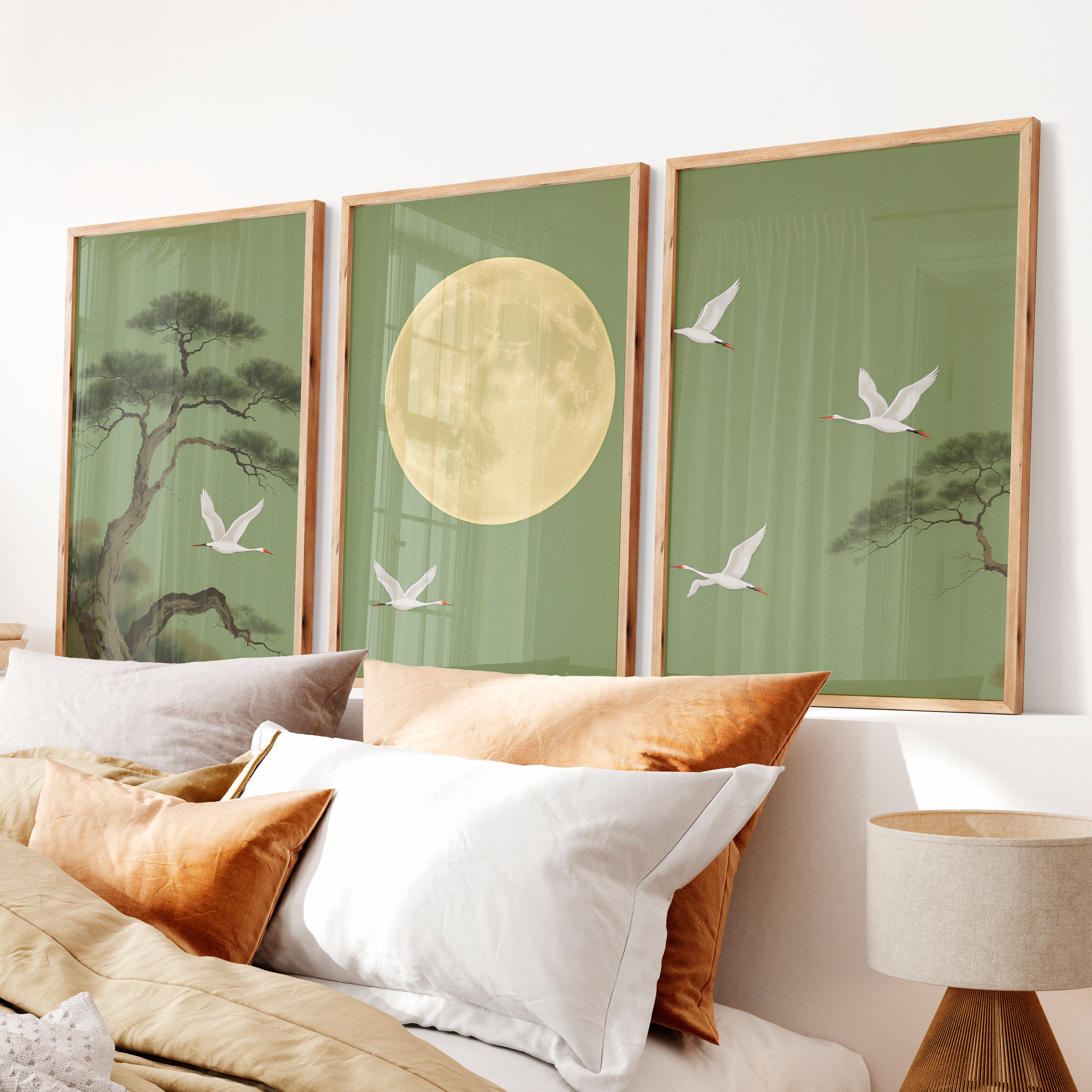 Moonlit Crane Landscape for japandi style - Natural Wood Framed Poster No Border - Artworksets
