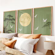 Moonlit Crane Landscape for japandi style - Natural Wood Framed Poster No Border - Artworksets