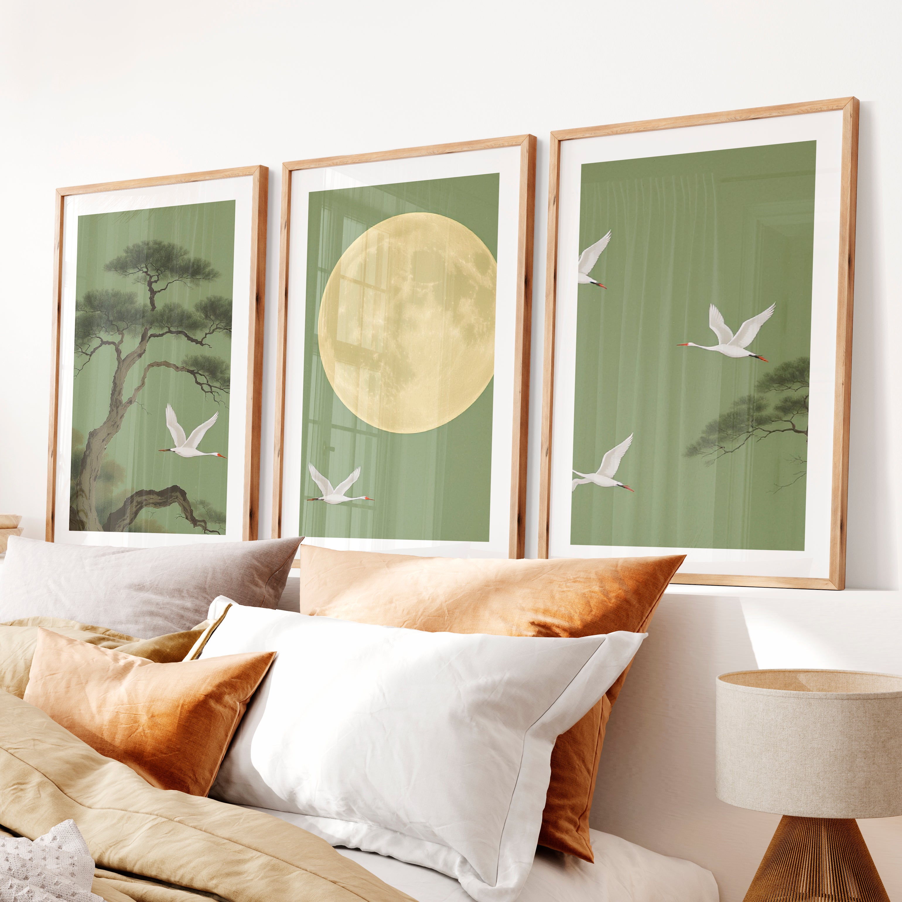 Moonlit Crane Landscape for japandi style- Natural Wood Framed Poster with White Border - Artworksets