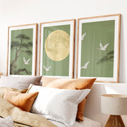Moonlit Crane Landscape for japandi style- Natural Wood Framed Poster with White Border - Artworksets