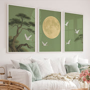 Moonlit Crane Landscape for japandi style - White Framed Poster No Border - Artworksets