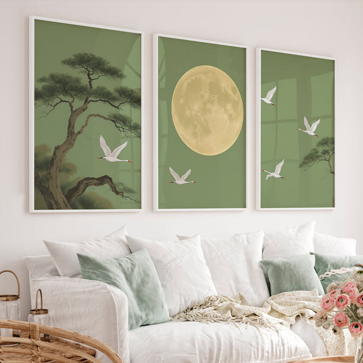 Moonlit Crane Landscape for japandi style - White Framed Poster No Border - Artworksets