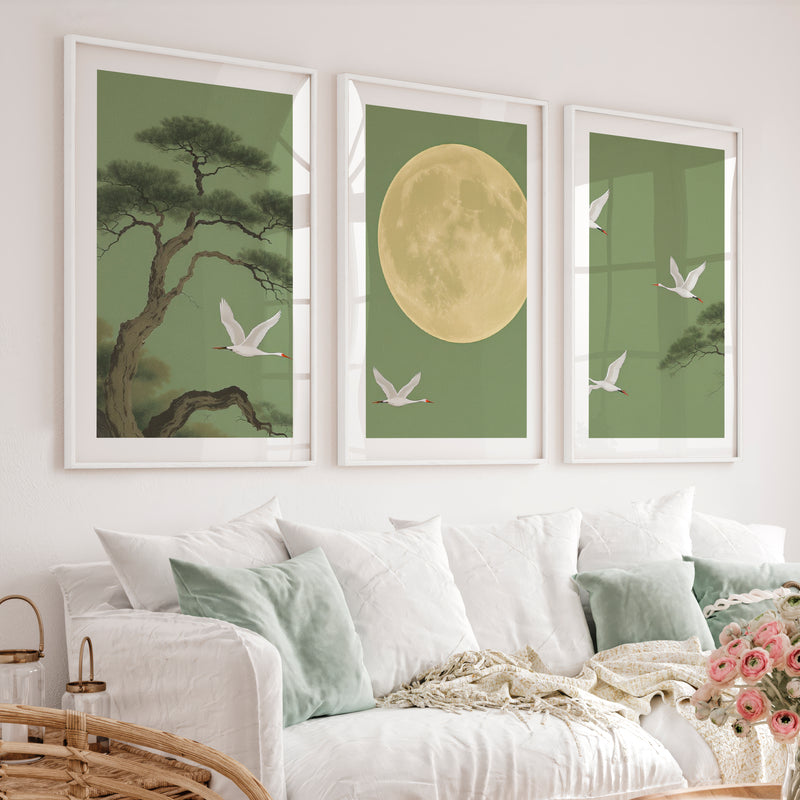 Moonlit Crane Landscape for japandi style - White Framed Poster with White Border - Artworksets