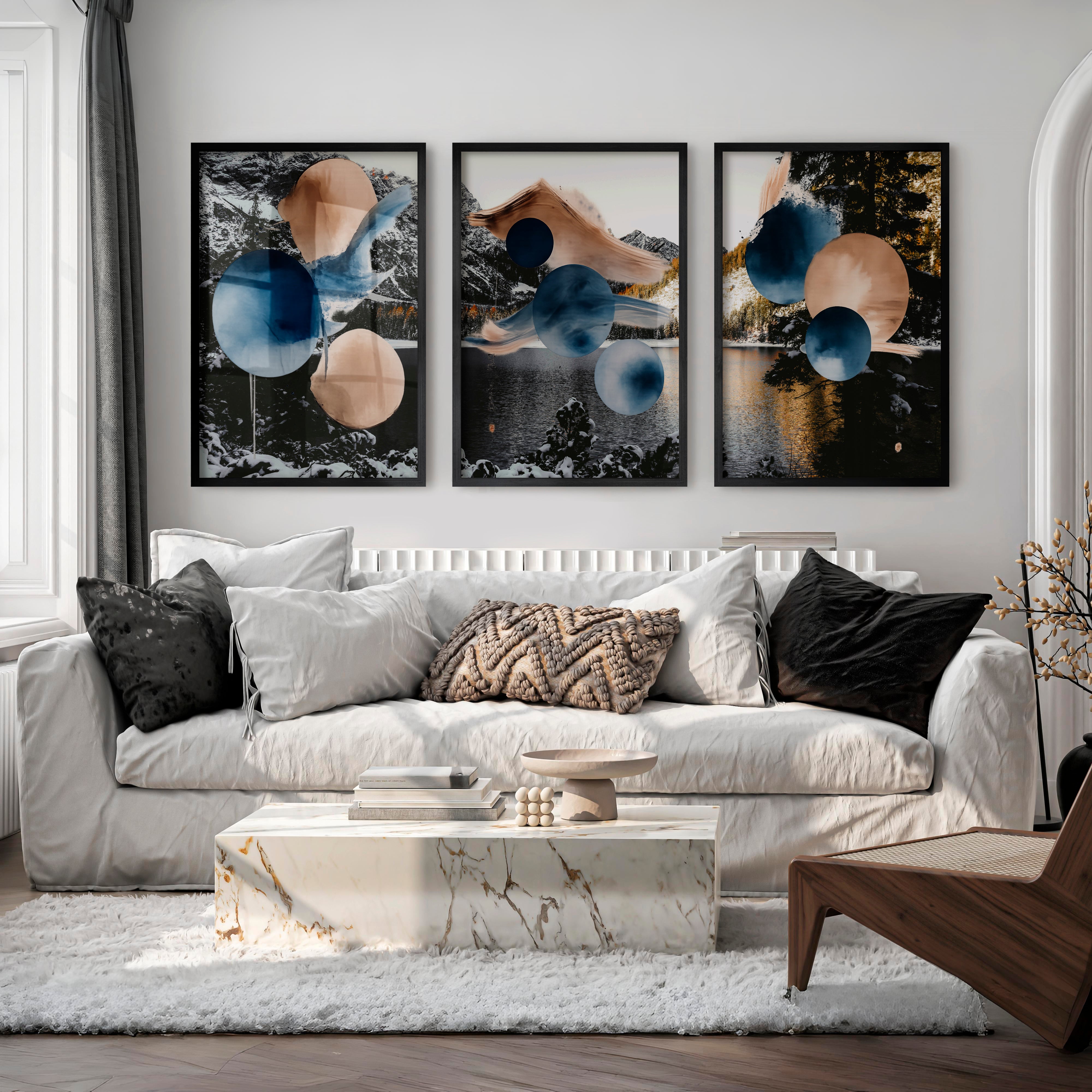 Abstract Circle japandi style painting in Indigo and Sand - Black Framed Poster No Border - Artworksets