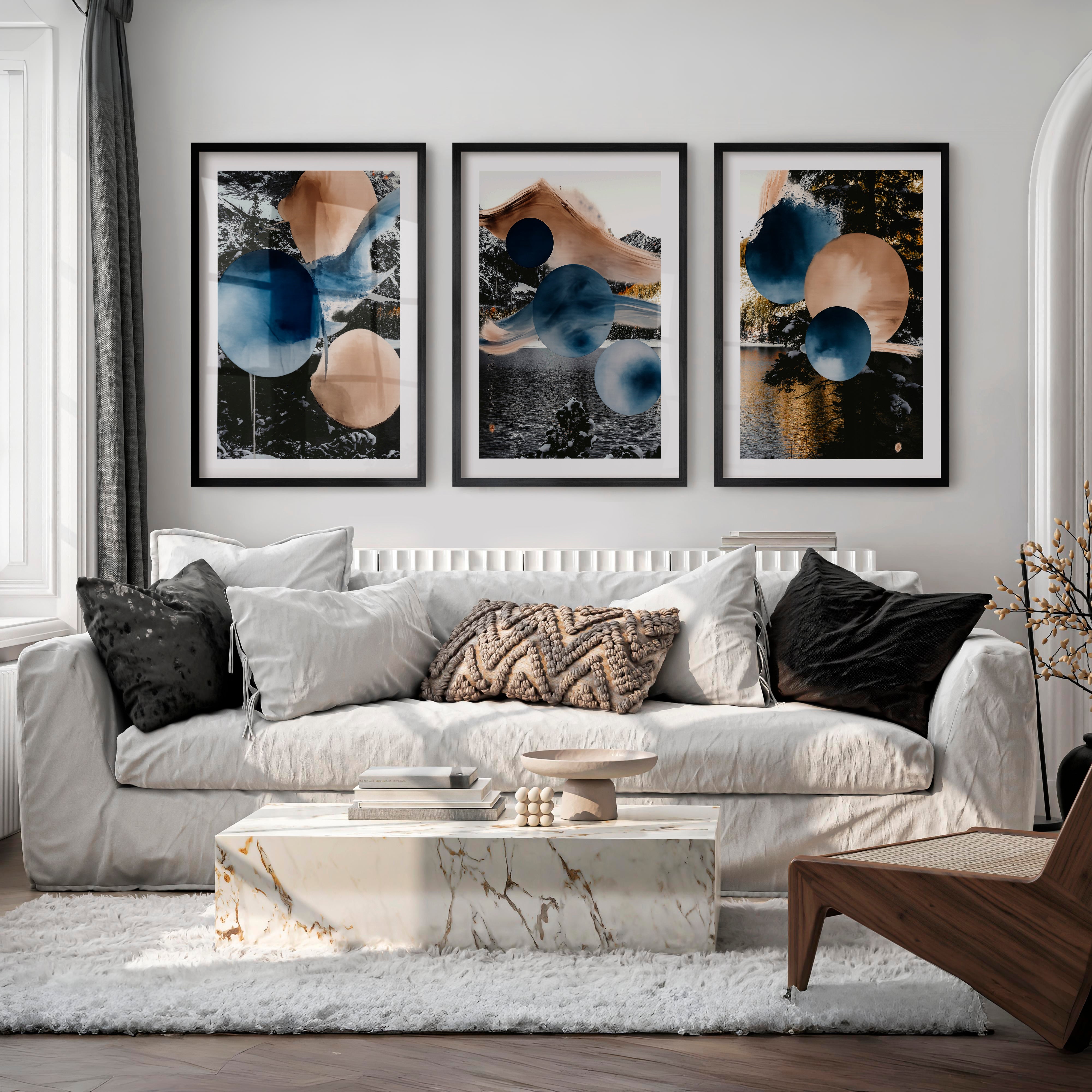Abstract Circle japandi style painting in Indigo and Sand - Black Framed Poster with White Border - Artworksets