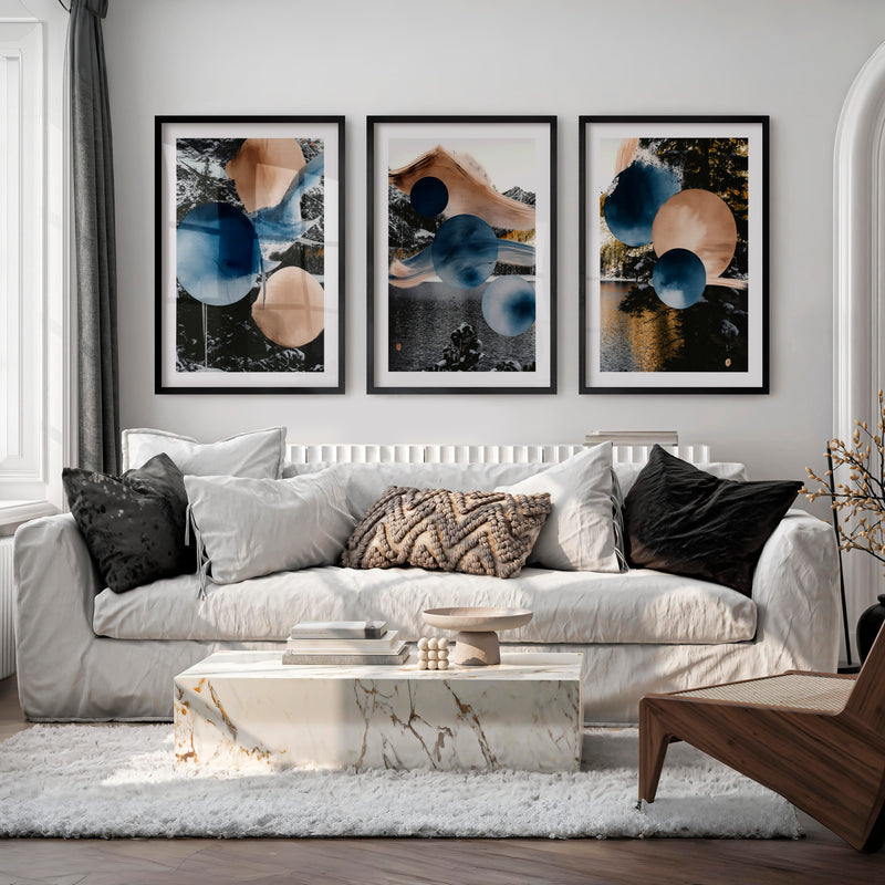 Abstract Circle japandi style painting in Indigo and Sand - Black Framed Poster with White Border - Artworksets