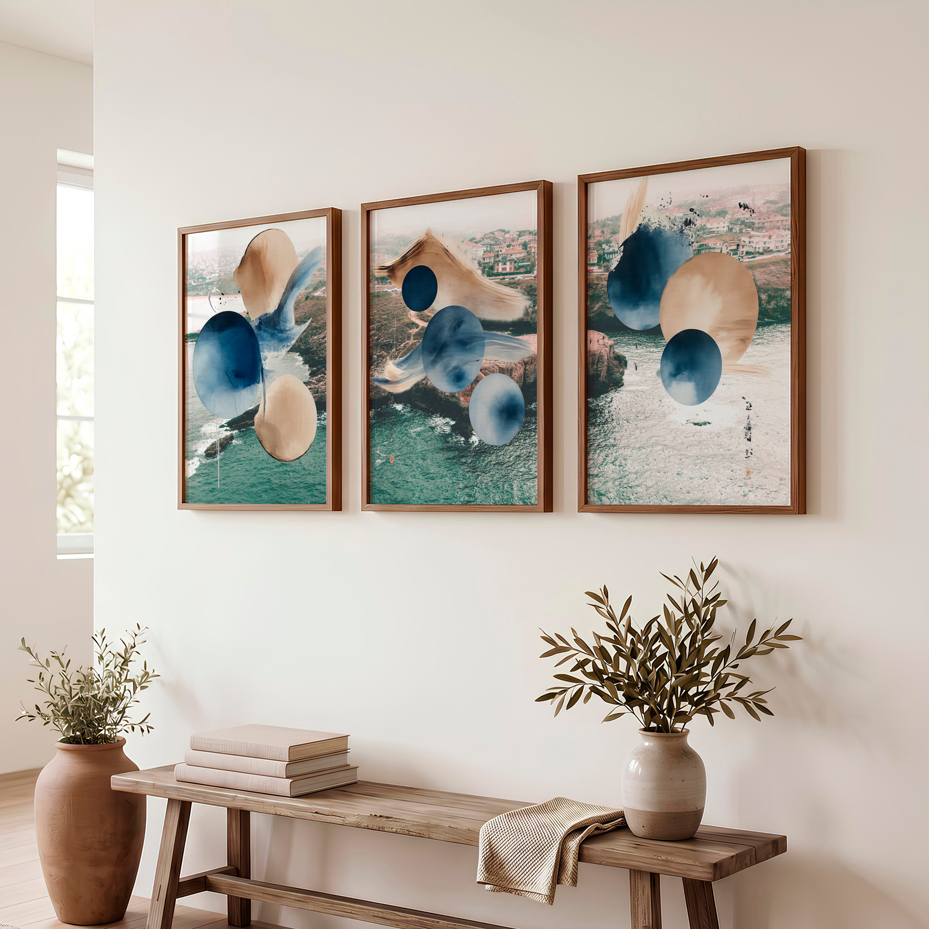 Abstract Circle japandi style painting in Indigo and Sand - Dark Brown Framed Poster No Border - Artworksets