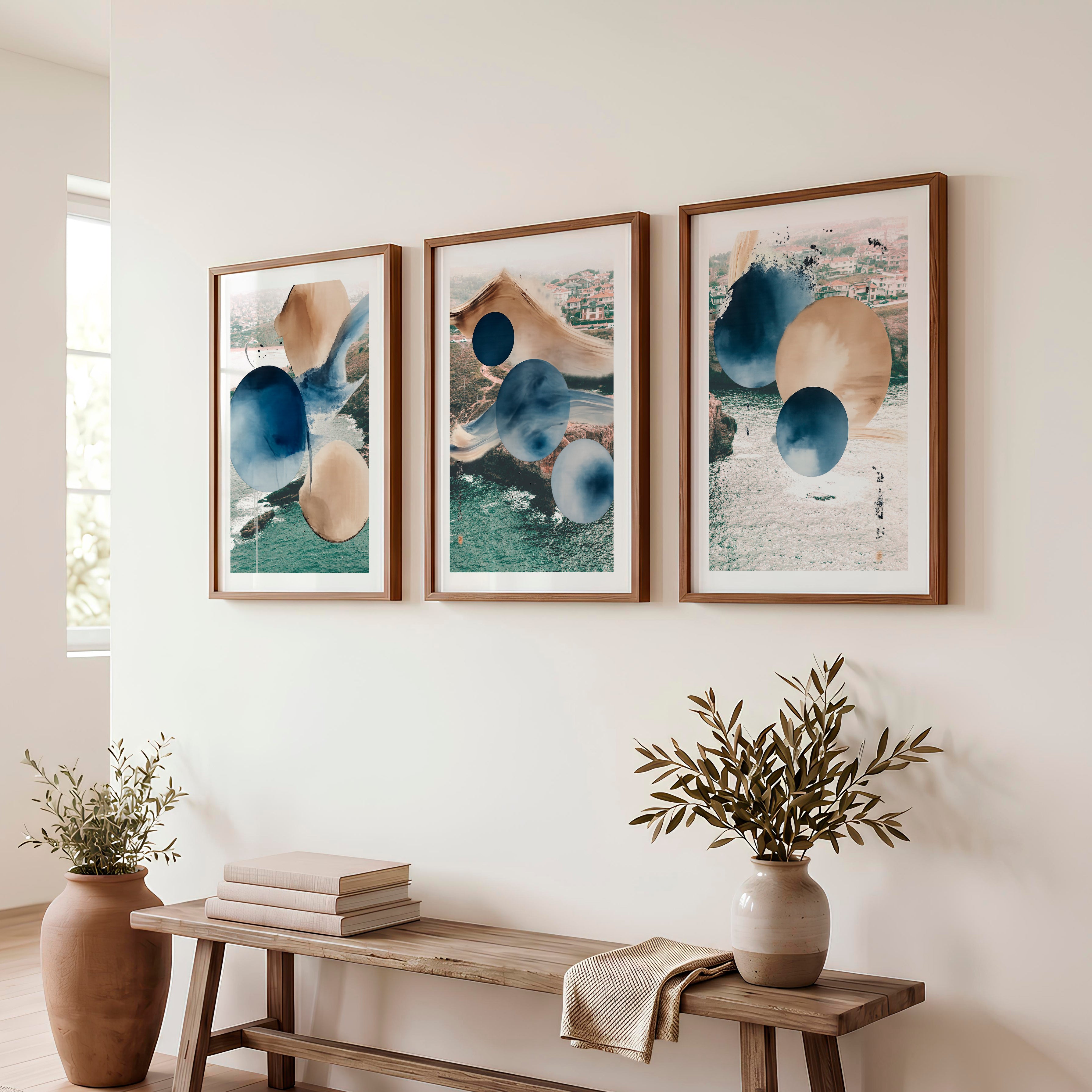 Abstract Circle japandi style painting in Indigo and Sand - Dark Brown Framed Poster with White Border - Artworksets