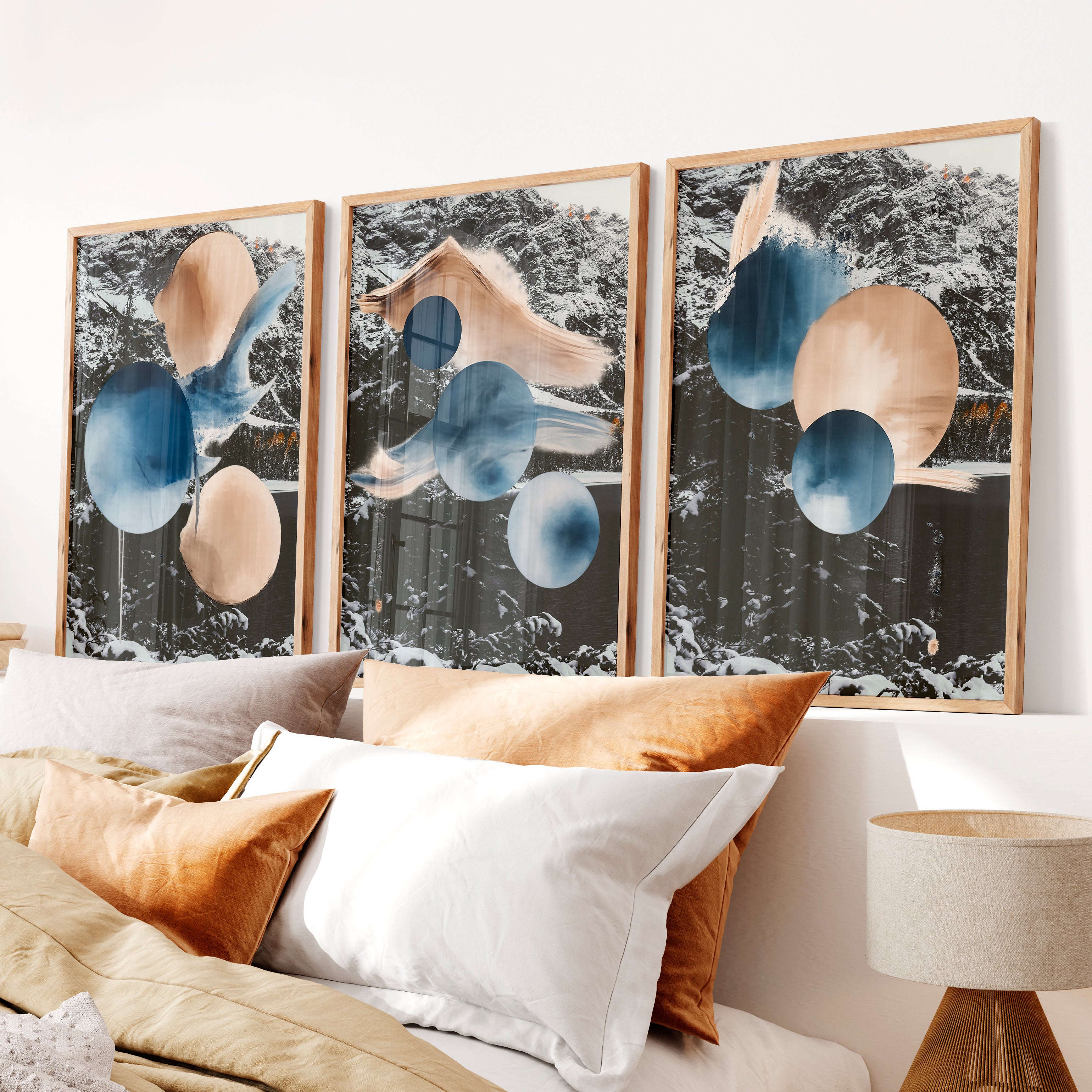 Abstract Circle japandi style painting in Indigo and Sand - Natural Wood Framed Poster No Border - Artworksets