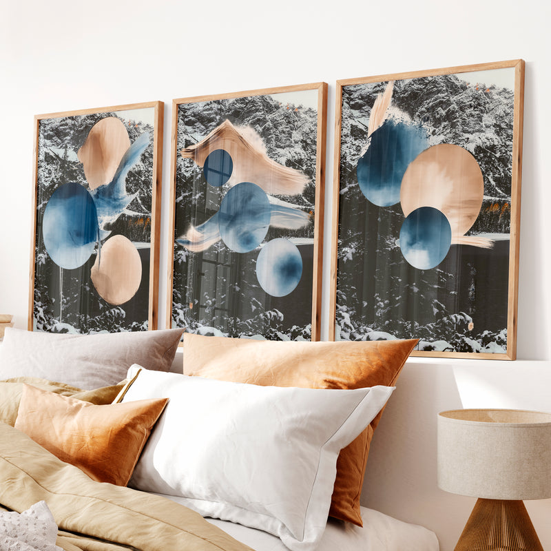 Abstract Circle japandi style painting in Indigo and Sand - Natural Wood Framed Poster No Border - Artworksets
