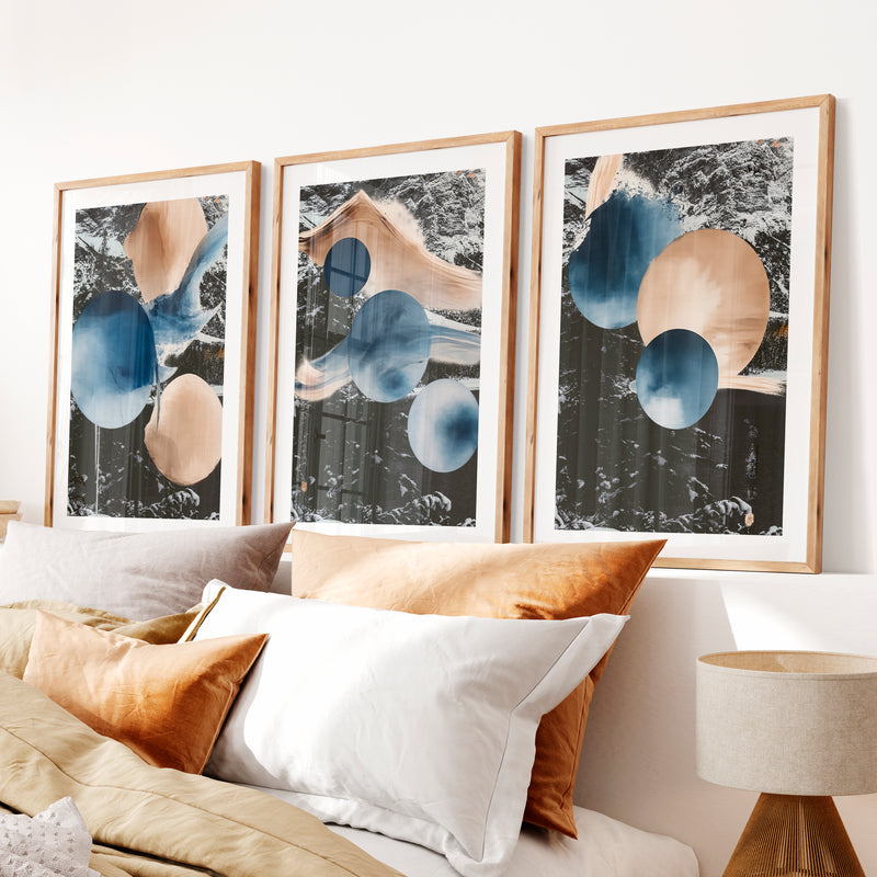 Abstract Circle japandi style painting in Indigo and Sand- Natural Wood Framed Poster with White Border - Artworksets