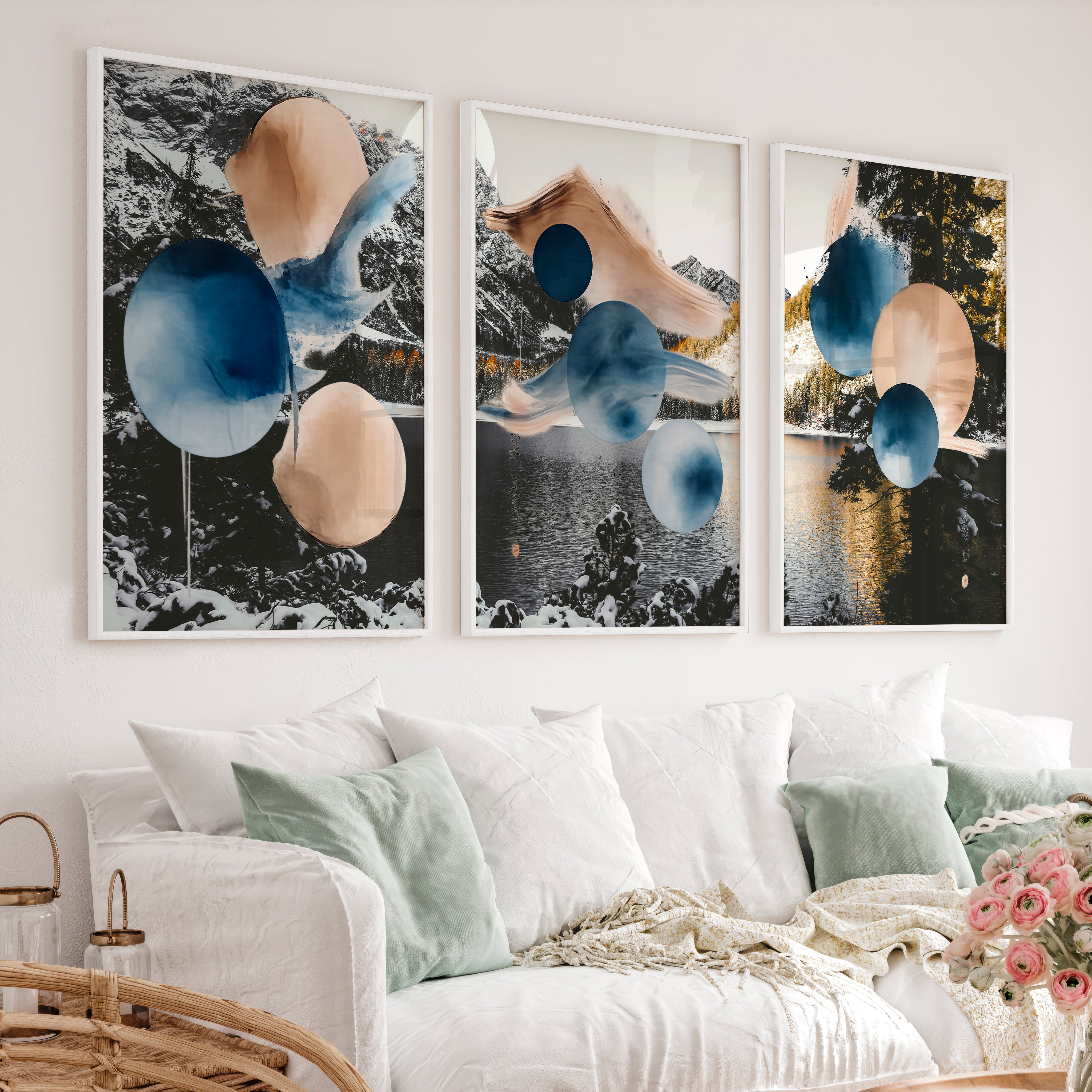 Abstract Circle japandi style painting in Indigo and Sand - White Framed Poster No Border - Artworksets